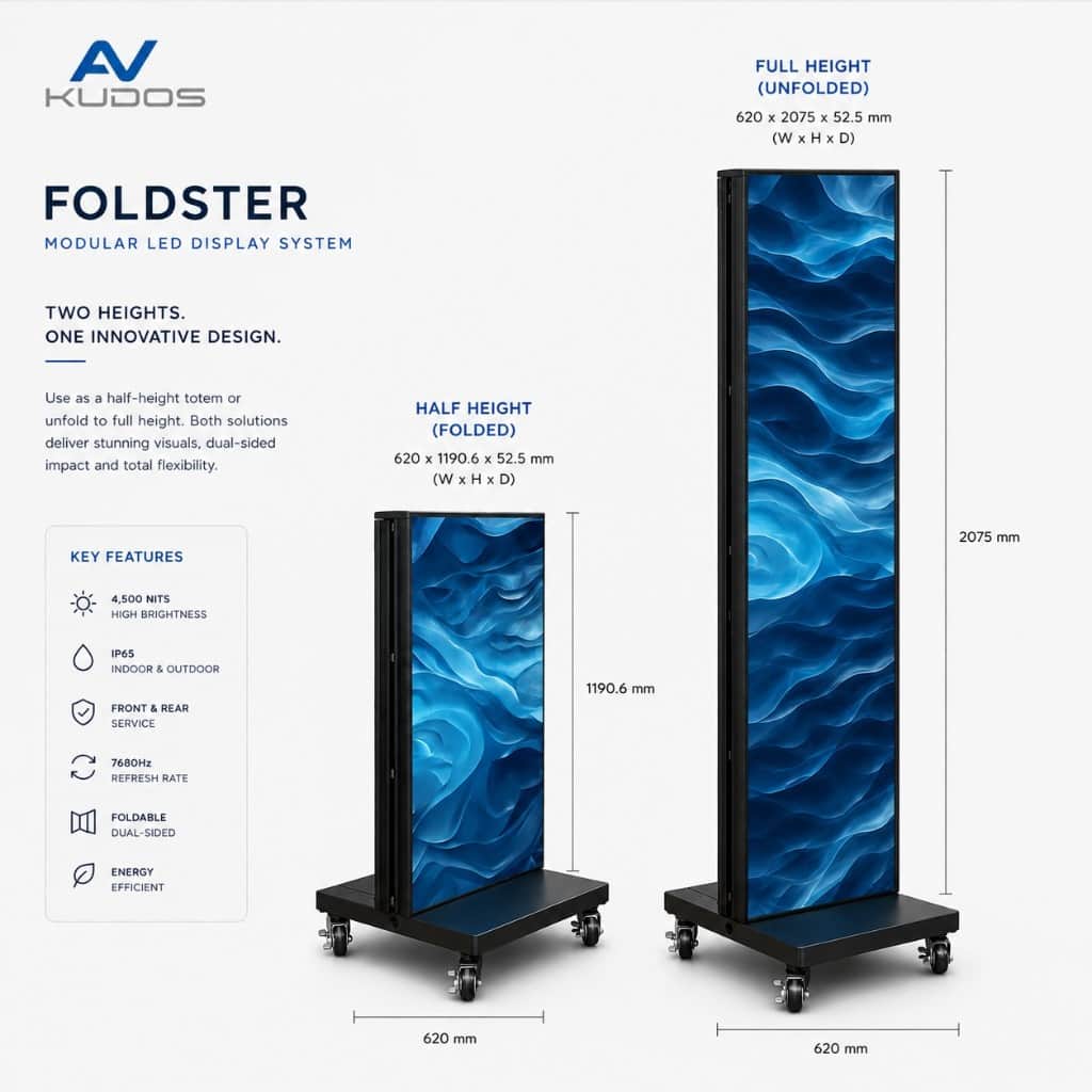 LANG Foldster modular LED display folded to 620 × 1190 mm and unfolded to 620 × 2075 mm with key specifications