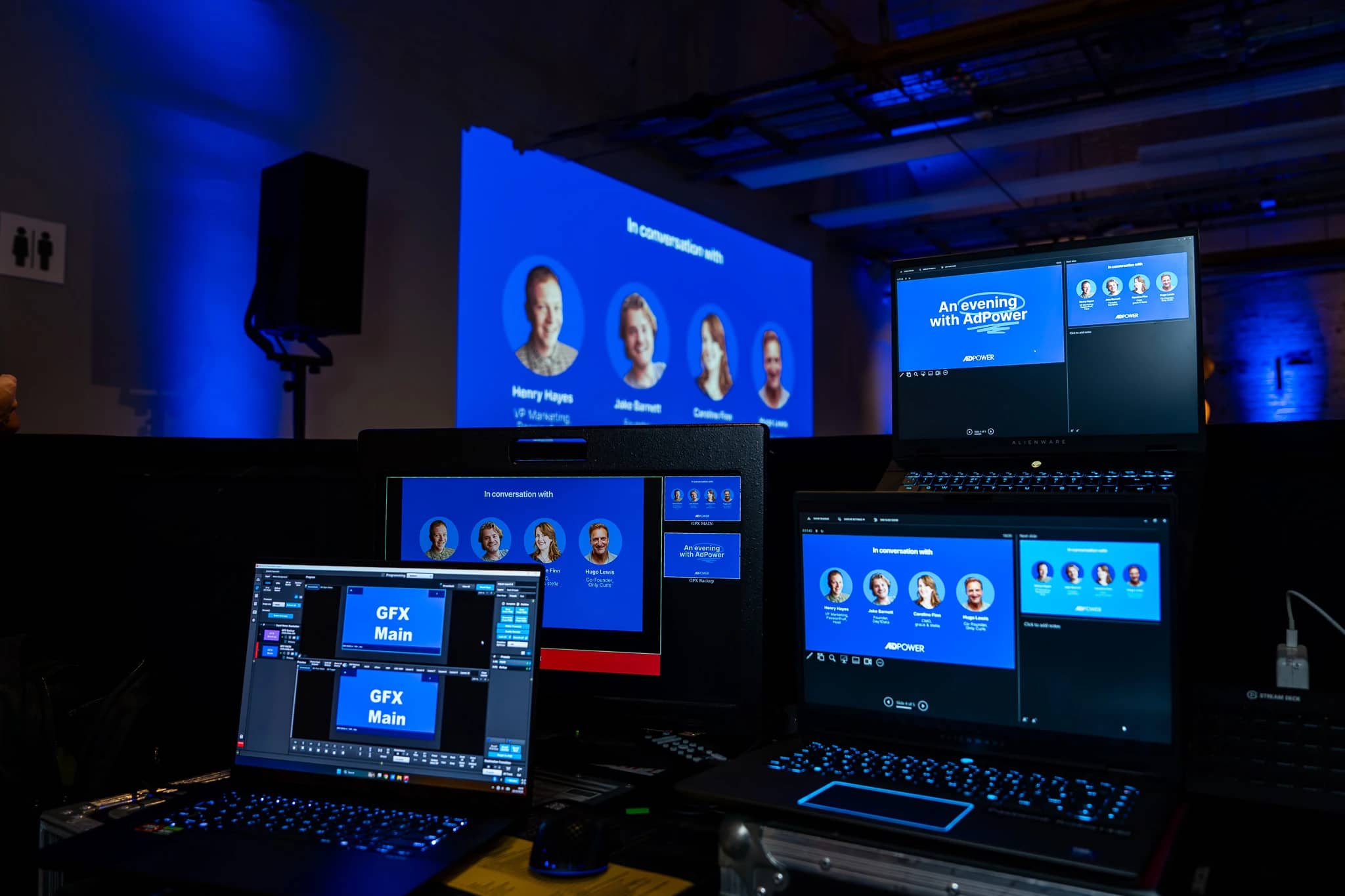Presentation laptops and control screens in front of the AdPower panel area and projection at Mail Rail.