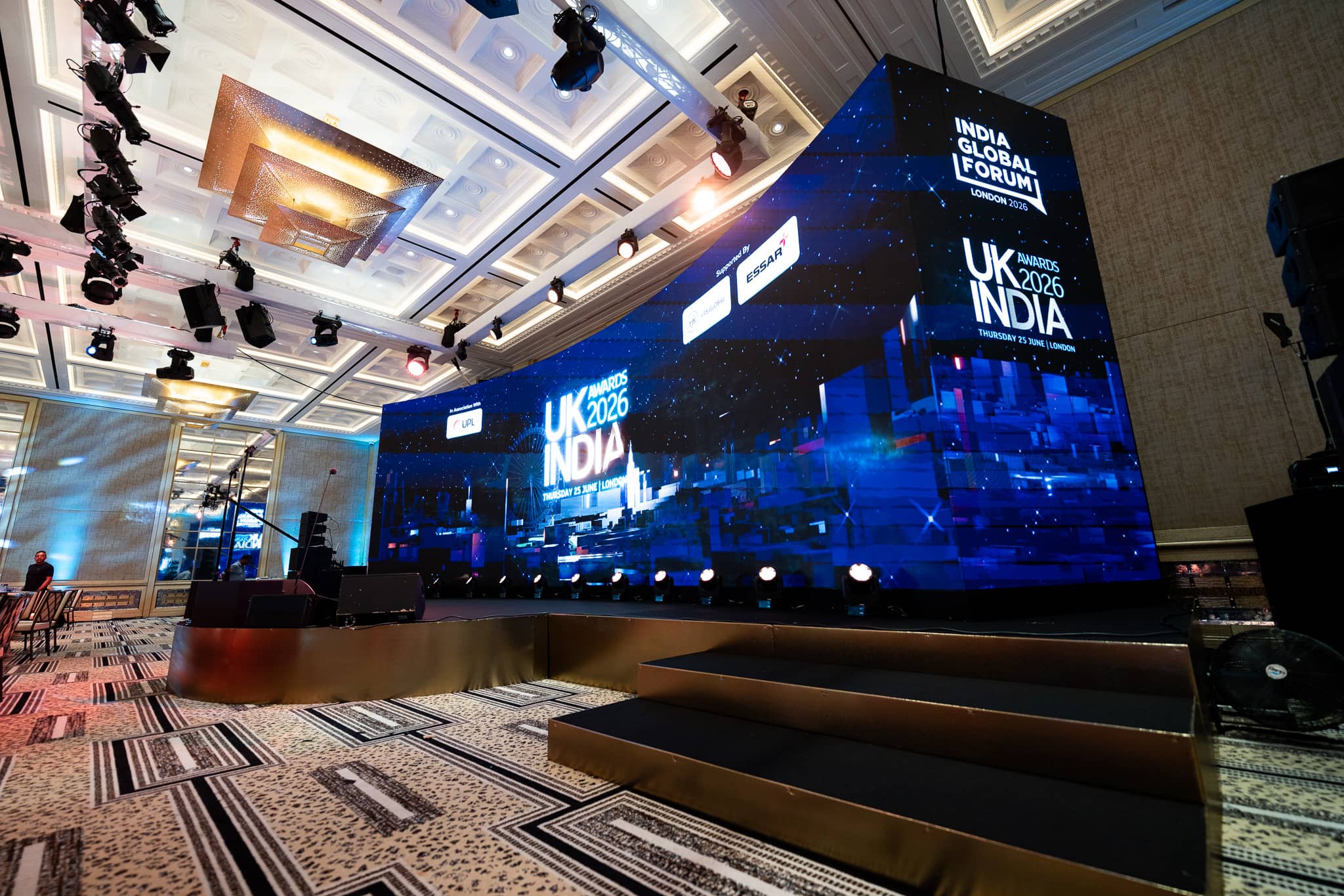 UK-India Awards 2026 at The Peninsula London, the curved LED and the ballroom ceiling, by Kudos AV