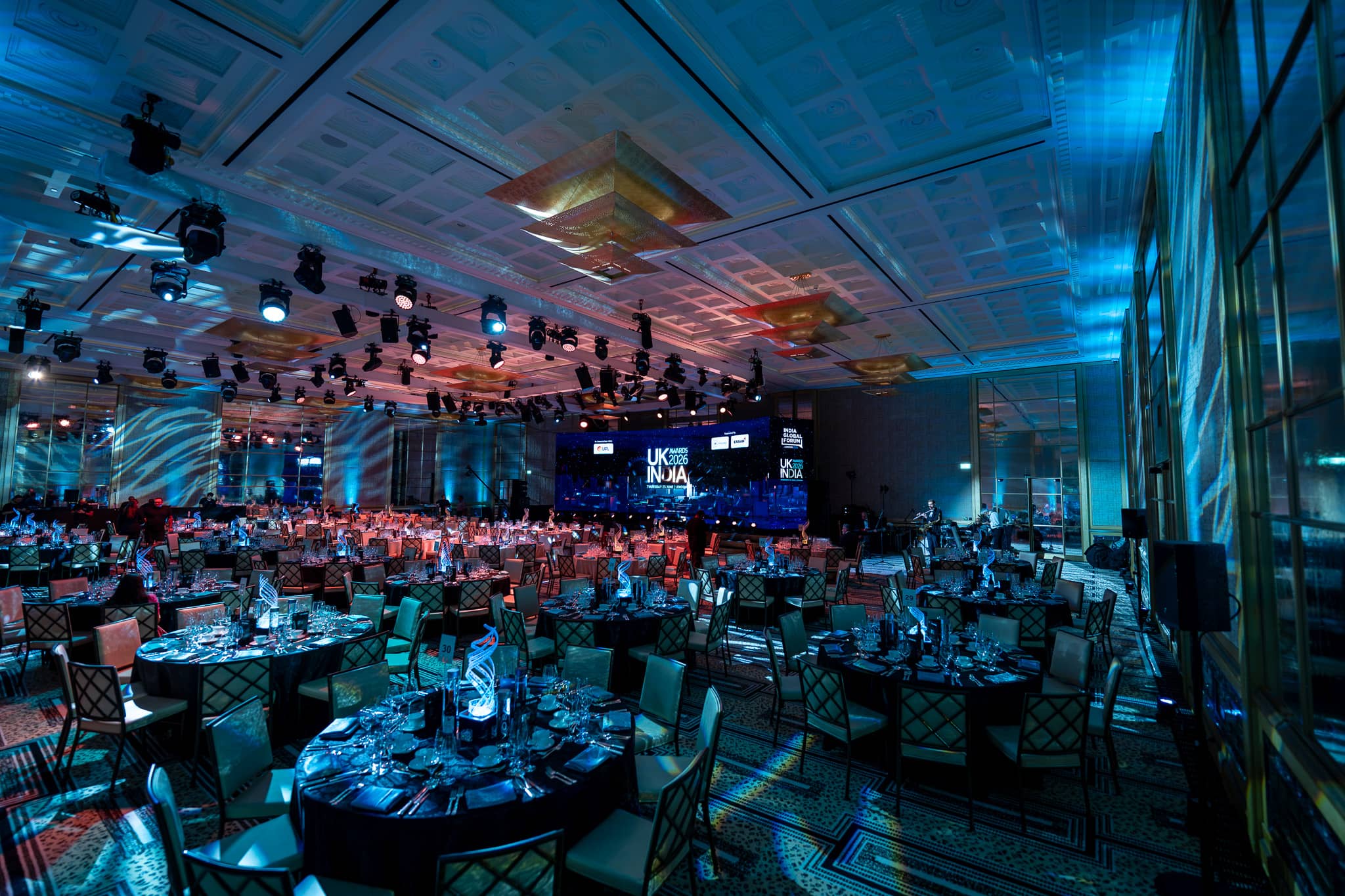 UK-India Awards 2026 at The Peninsula London, the room lit for the awards dinner, by Kudos AV