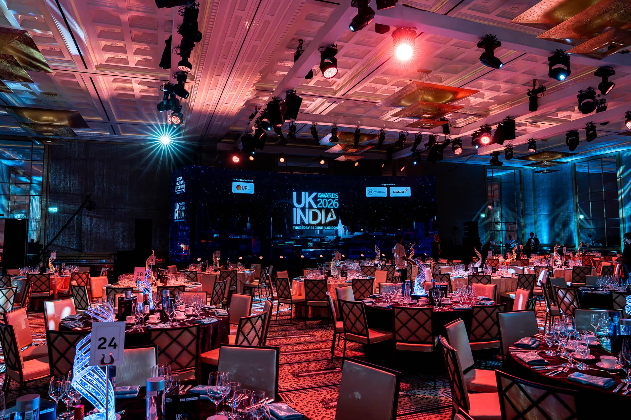 UK-India Awards 2026 at The Peninsula London, guest tables and stage under warm lighting, by Kudos AV