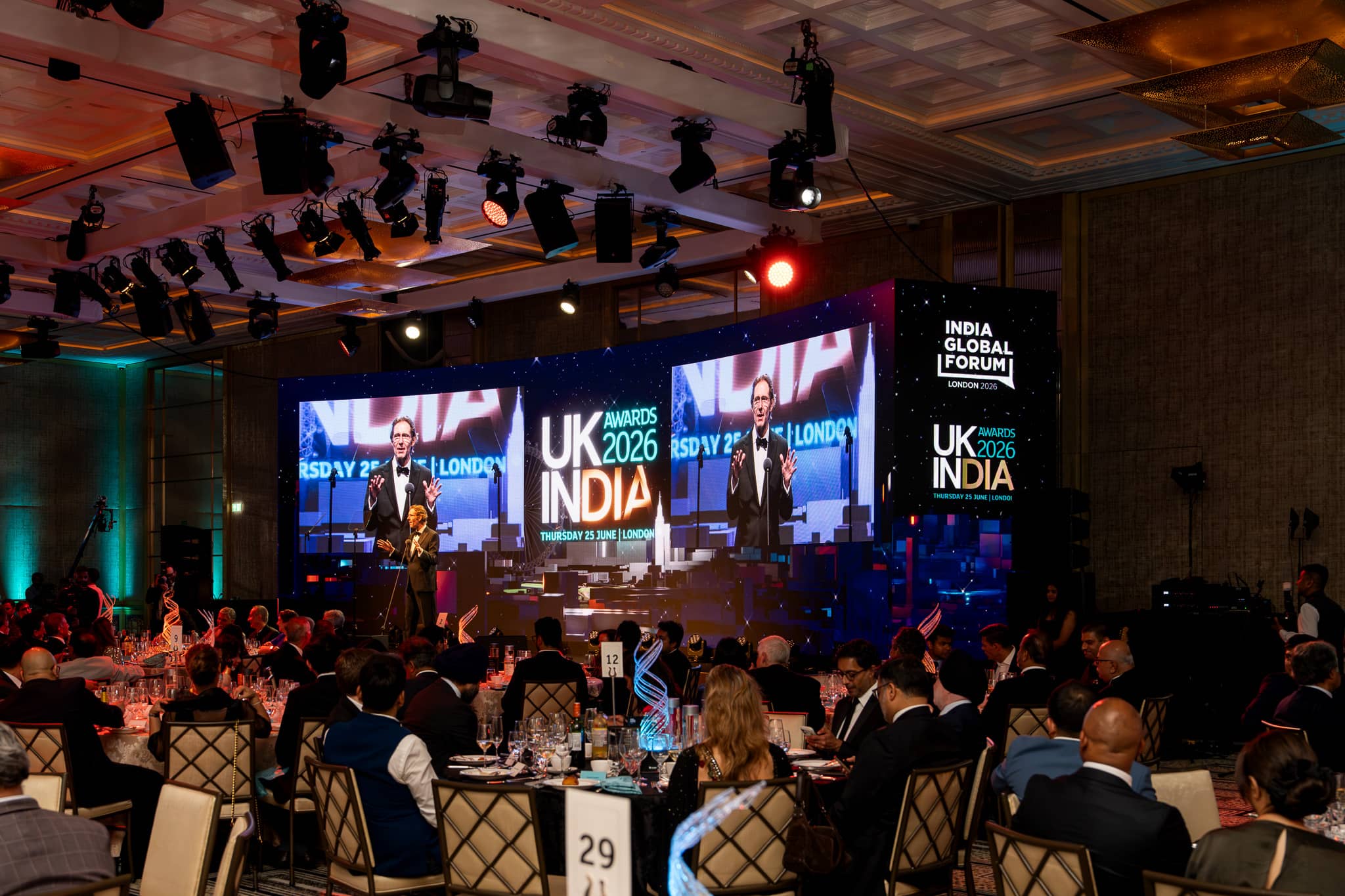UK-India Awards 2026 at The Peninsula London, guests watching the awards presentation, by Kudos AV