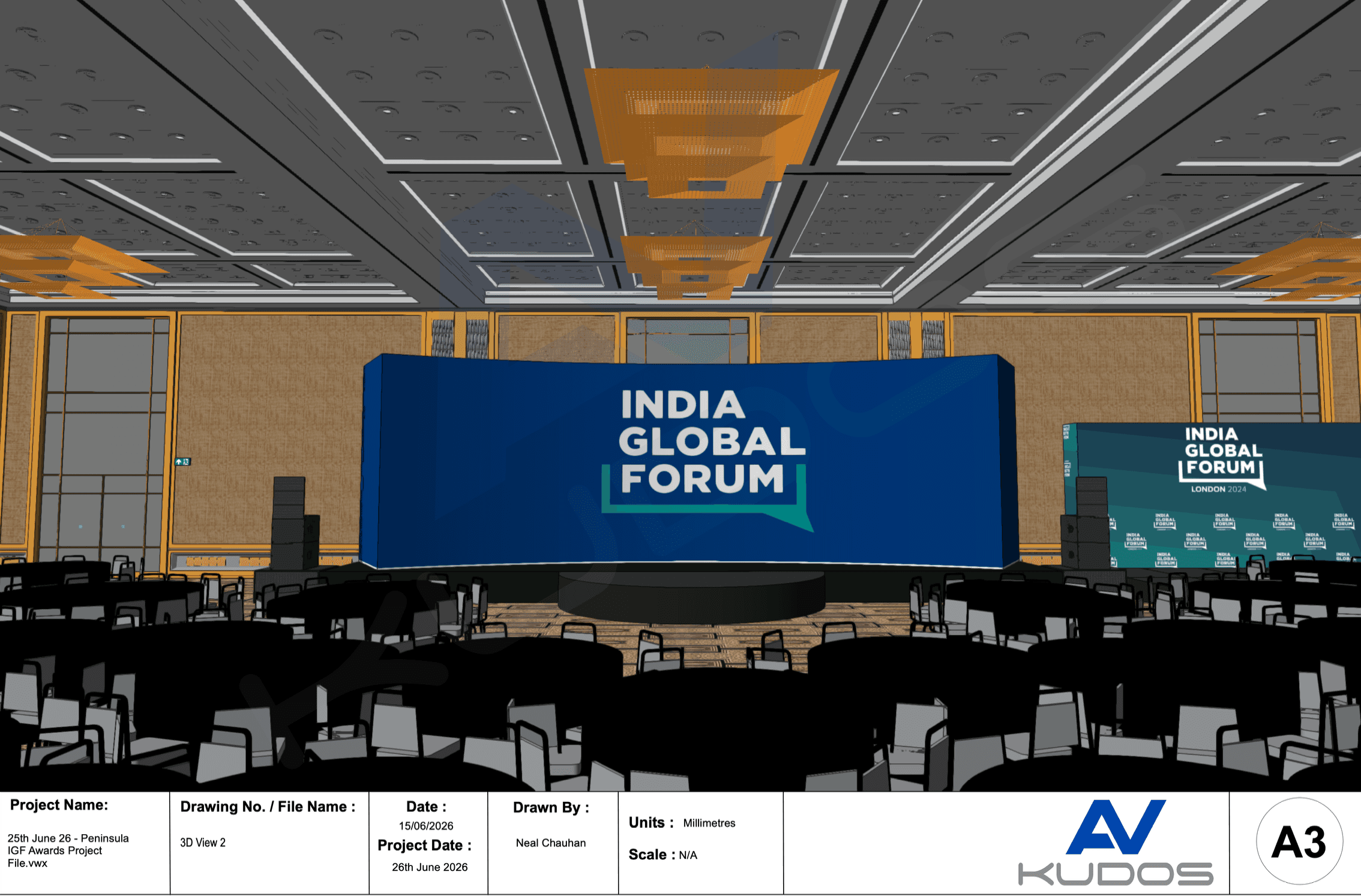 3D stage design render for the UK-India Awards 2026 at The Peninsula London by Kudos AV