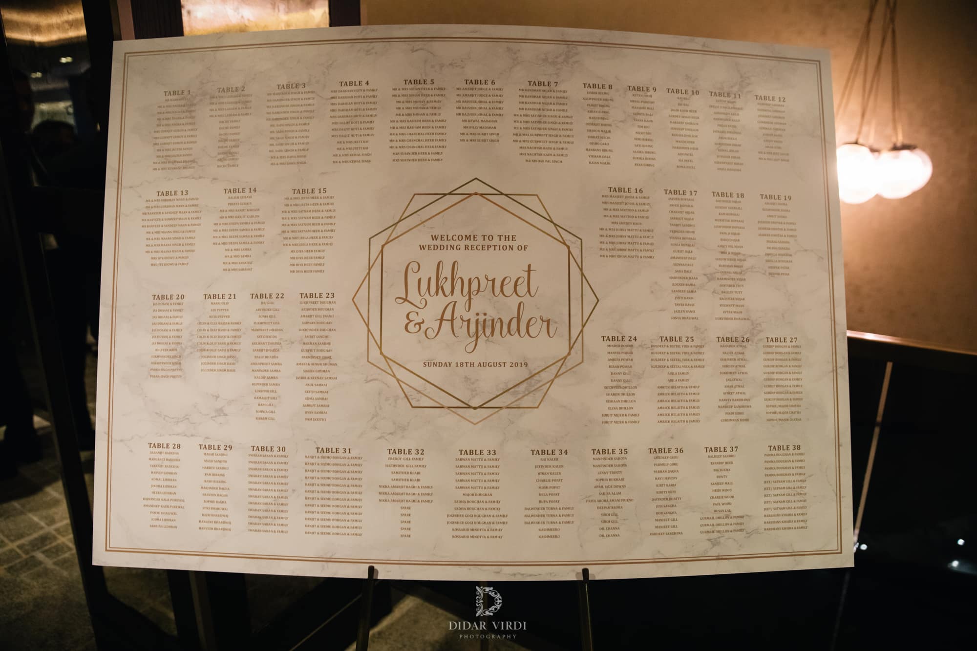 Printed seating plan for the wedding at Hilton London Bankside by Kudos AV