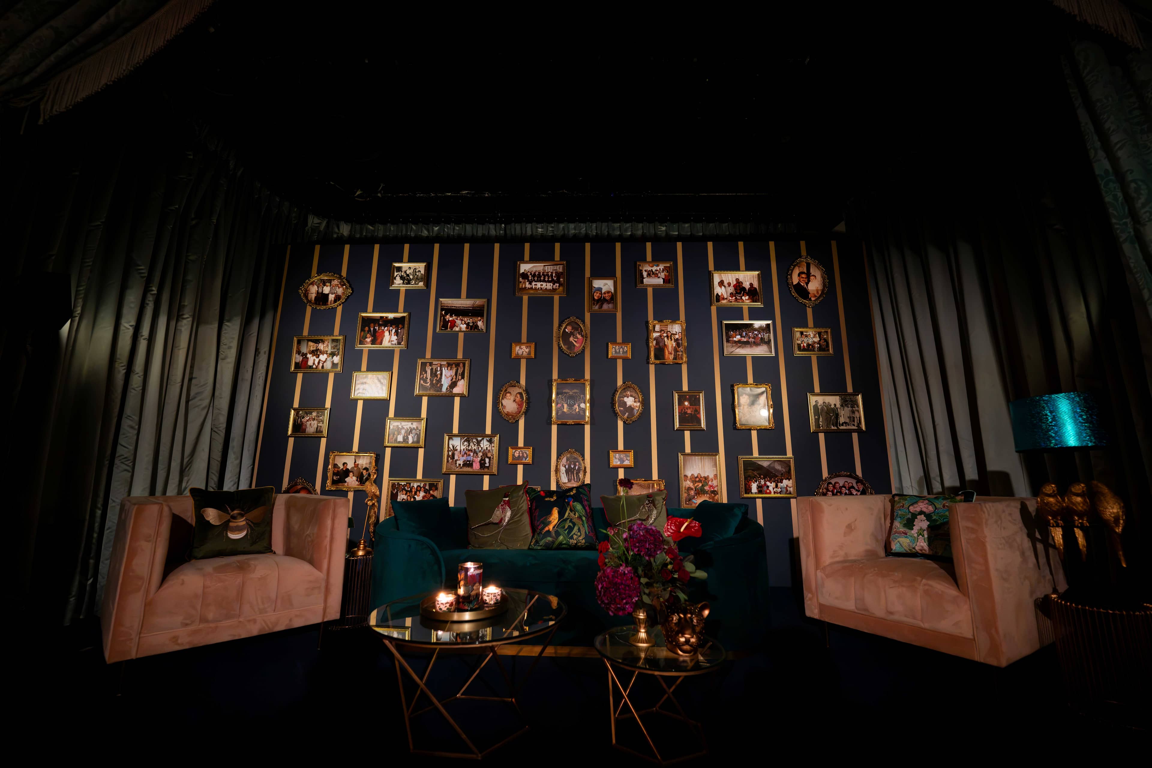 The alcove lounge with photo strings and velvet seating at The Savoy, by Kudos AV