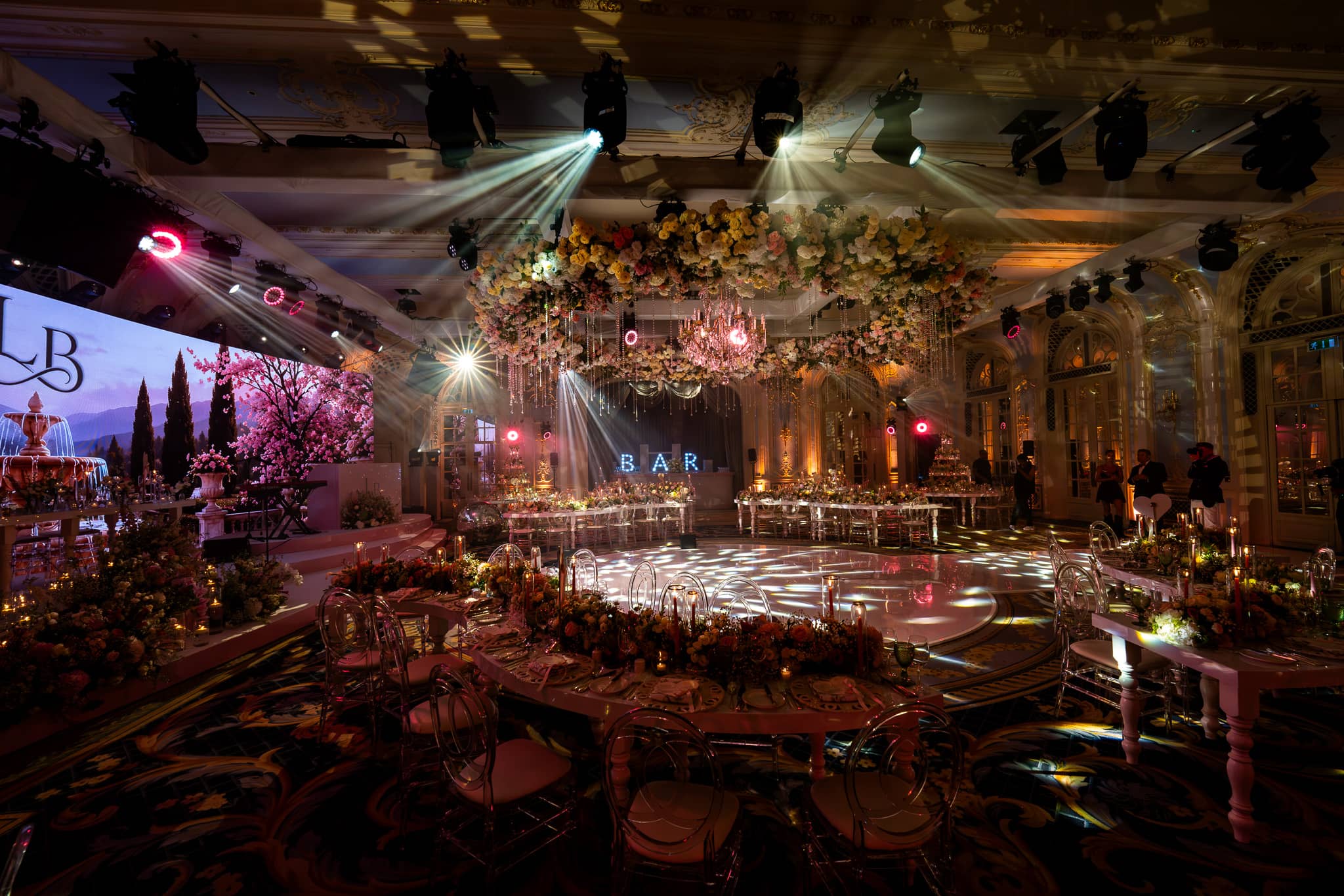 The room lit for the party