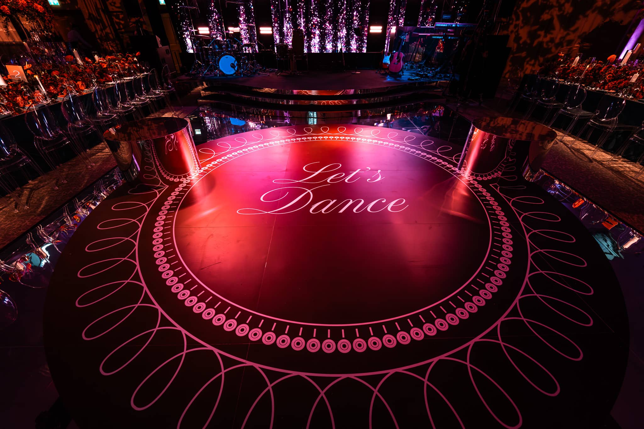 Tatton Park wedding in the Tenants' Hall, the bespoke printed dancefloor from above, produced by Kudos AV