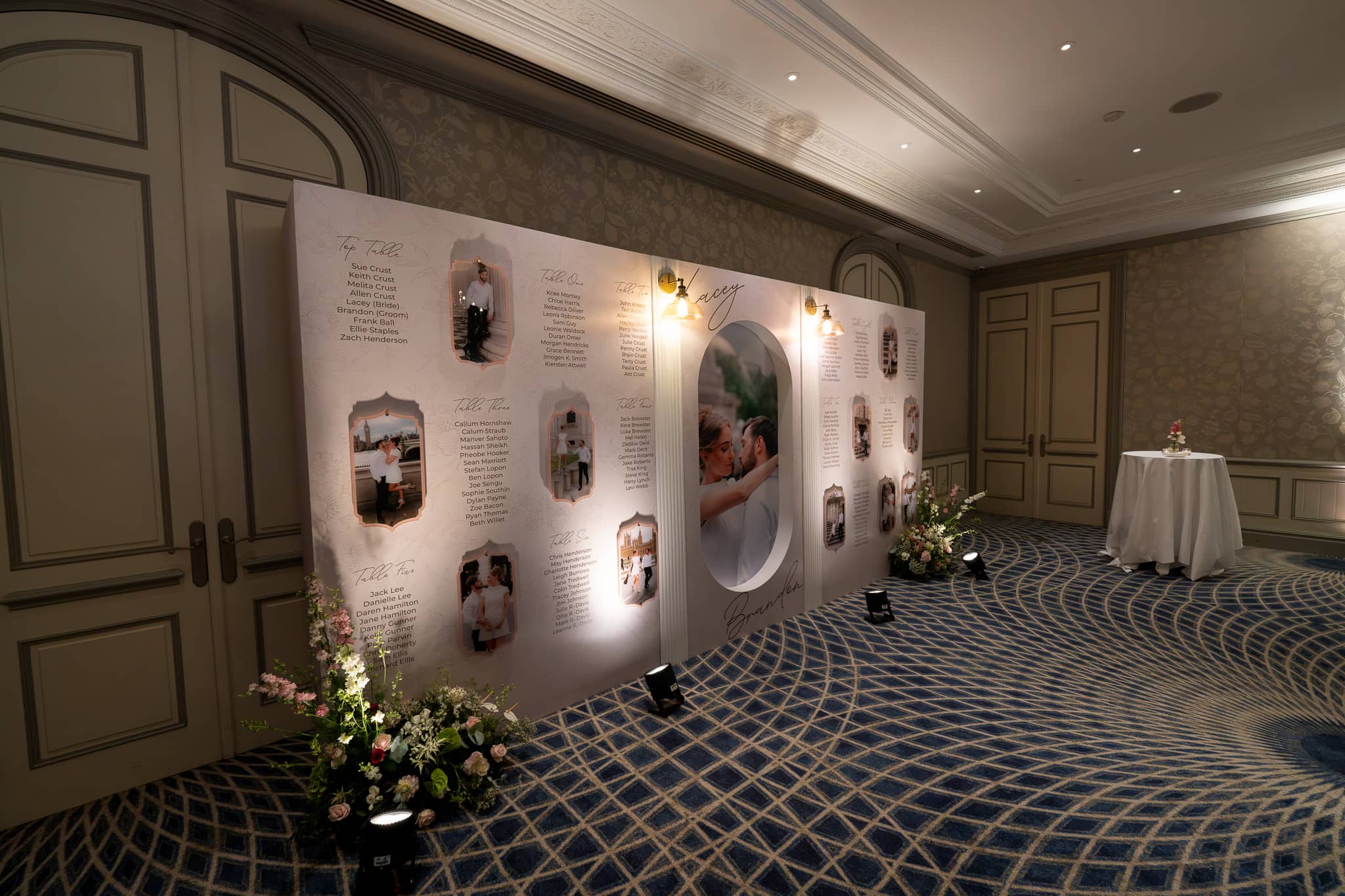 The printed seating plan and photo op wall wide in the reception room at The Savoy, warm lamps along the top rail, by Kudos AV