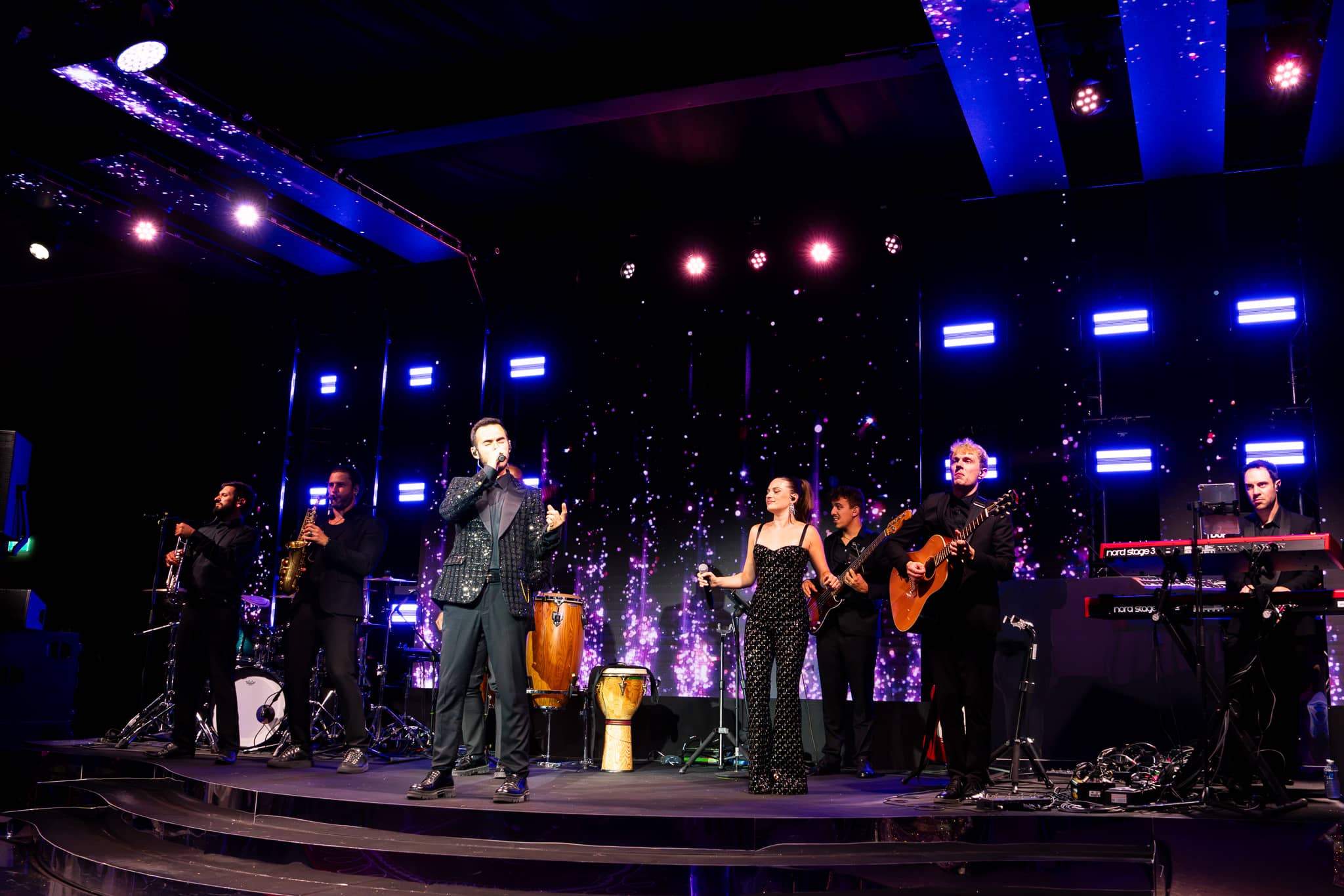 Tatton Park wedding in the Tenants' Hall, the live band with screen content behind, produced by Kudos AV