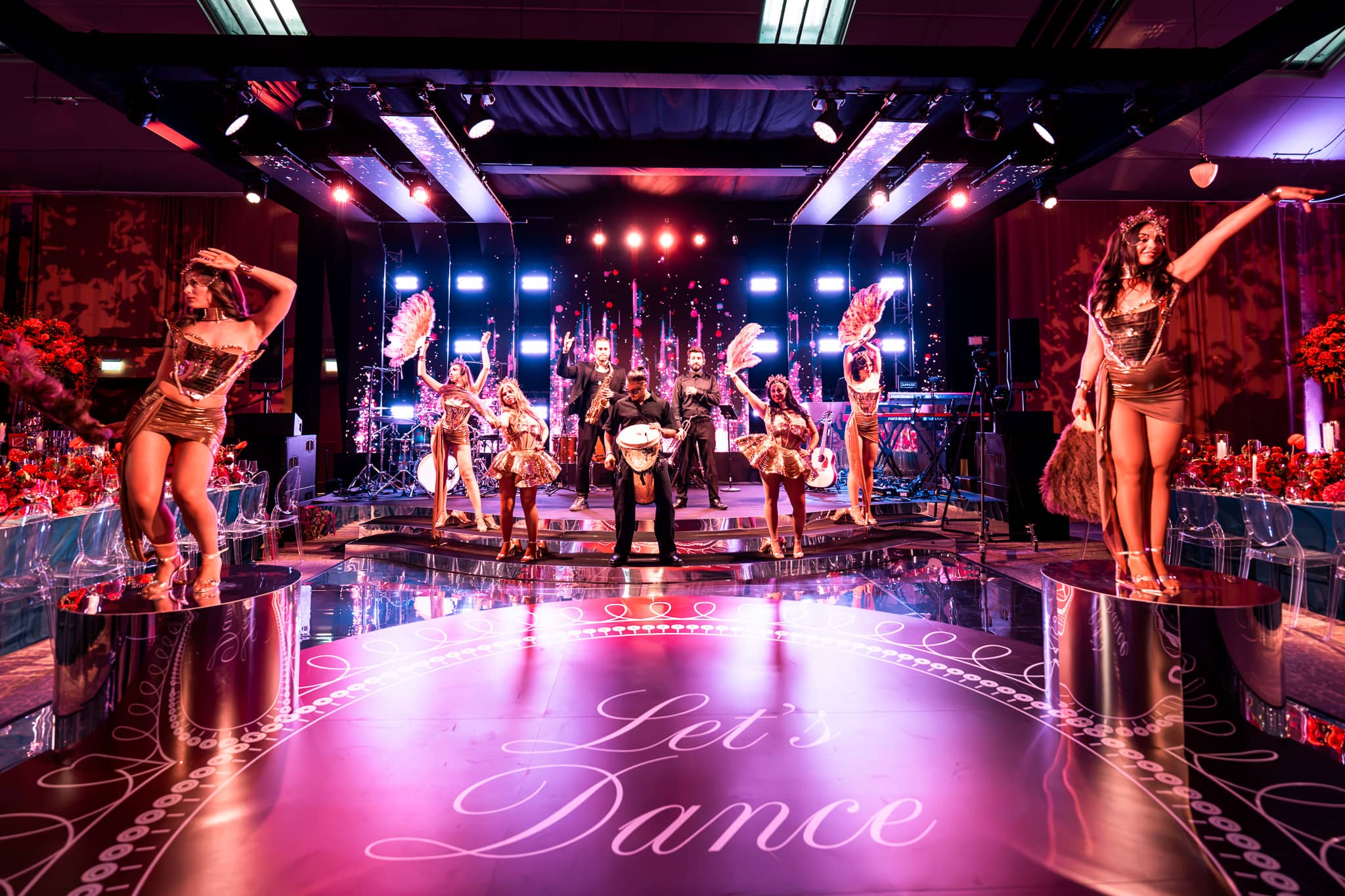 Tatton Park wedding in the Tenants' Hall, the band and dancers over the printed dancefloor, produced by Kudos AV