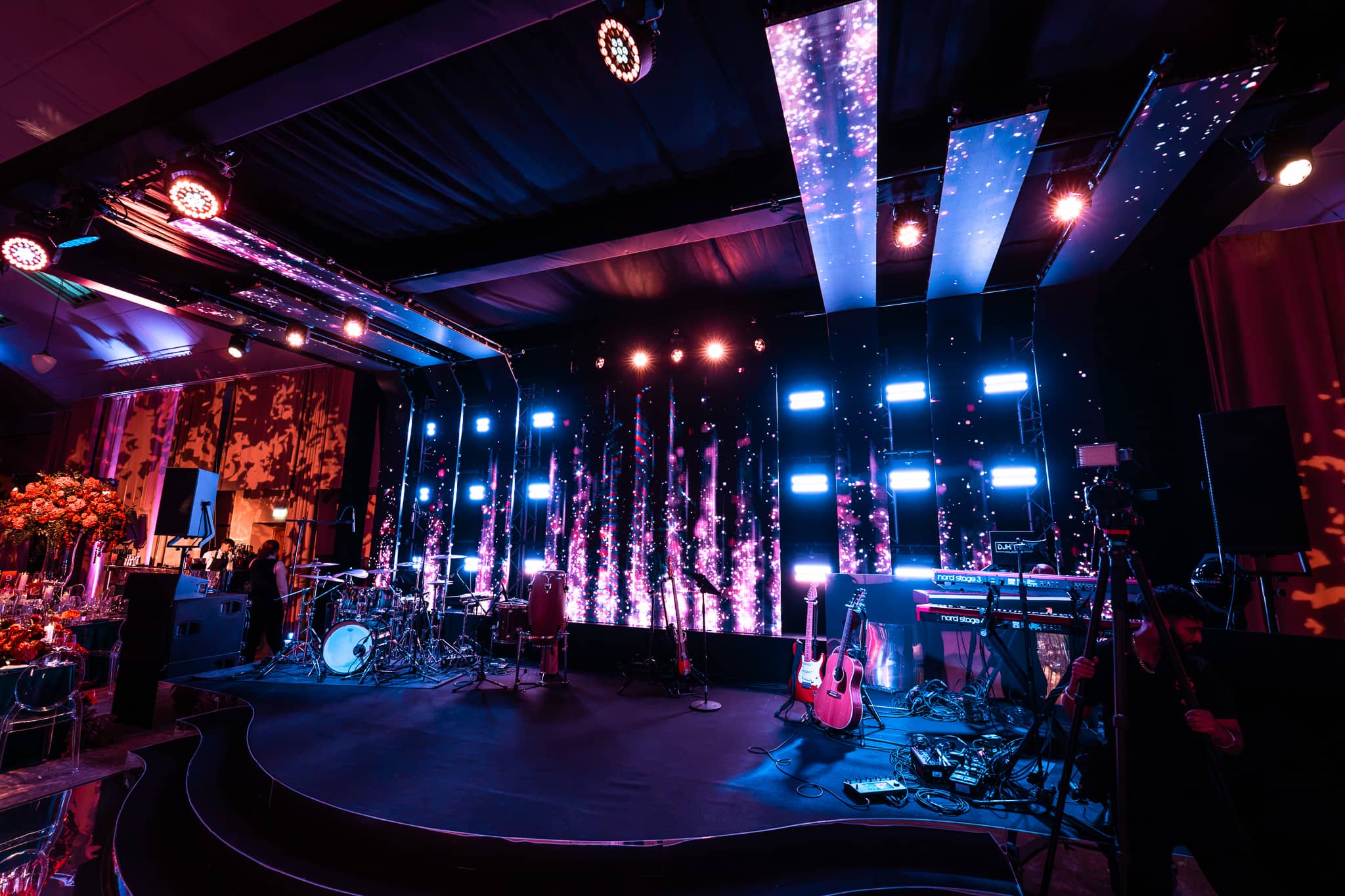 Tatton Park wedding in the Tenants' Hall, the concert stage set with LED walls and backline, produced by Kudos AV