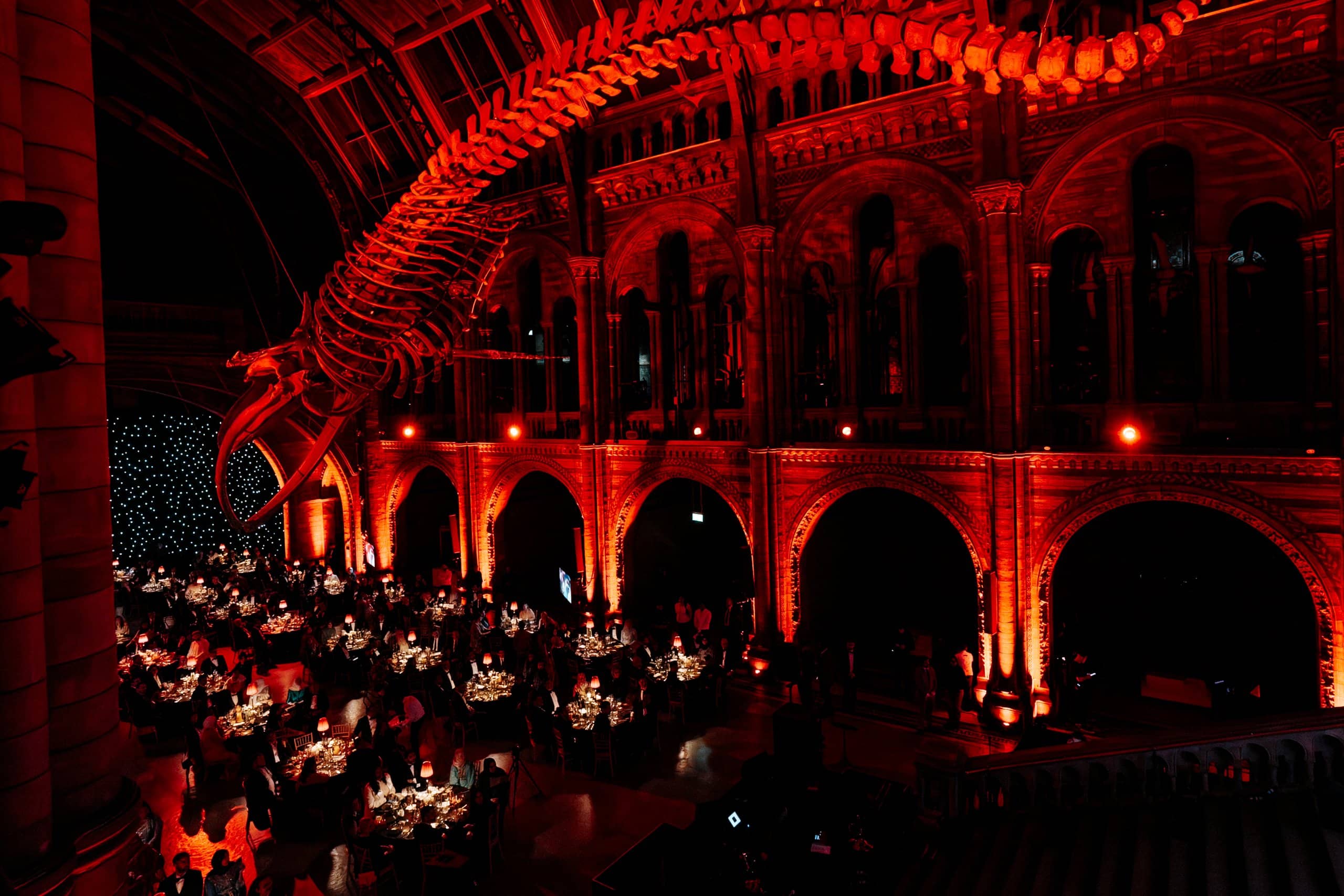 Red uplighting on the stone arches of Hintze Hall over the Awakening Music 25th anniversary dinner, Hope the blue whale above, by Kudos AV.