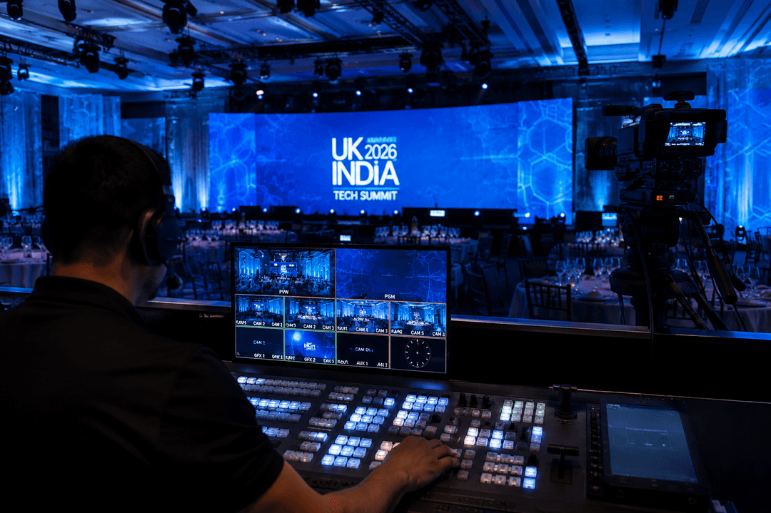 A vision mixer operator cutting multi camera feeds at the UK India Tech Summit 2026, the LED screen behind, by Kudos AV