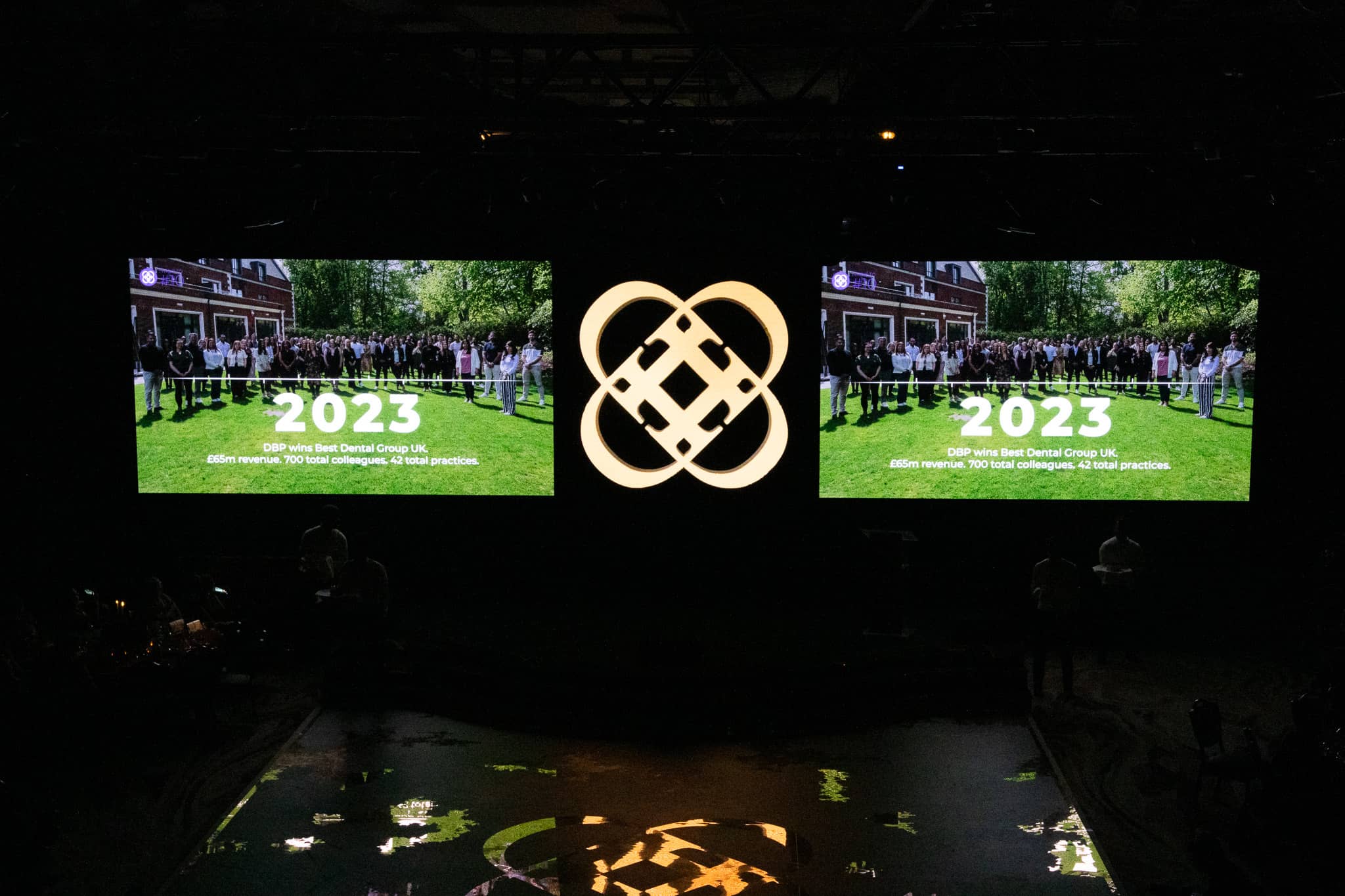 Film playing across the LED screens either side of the lit Dental Beauty Partners mark, Dental Beauty Partners Awards 2025 in the Great Room at Grosvenor House London, by Kudos AV.