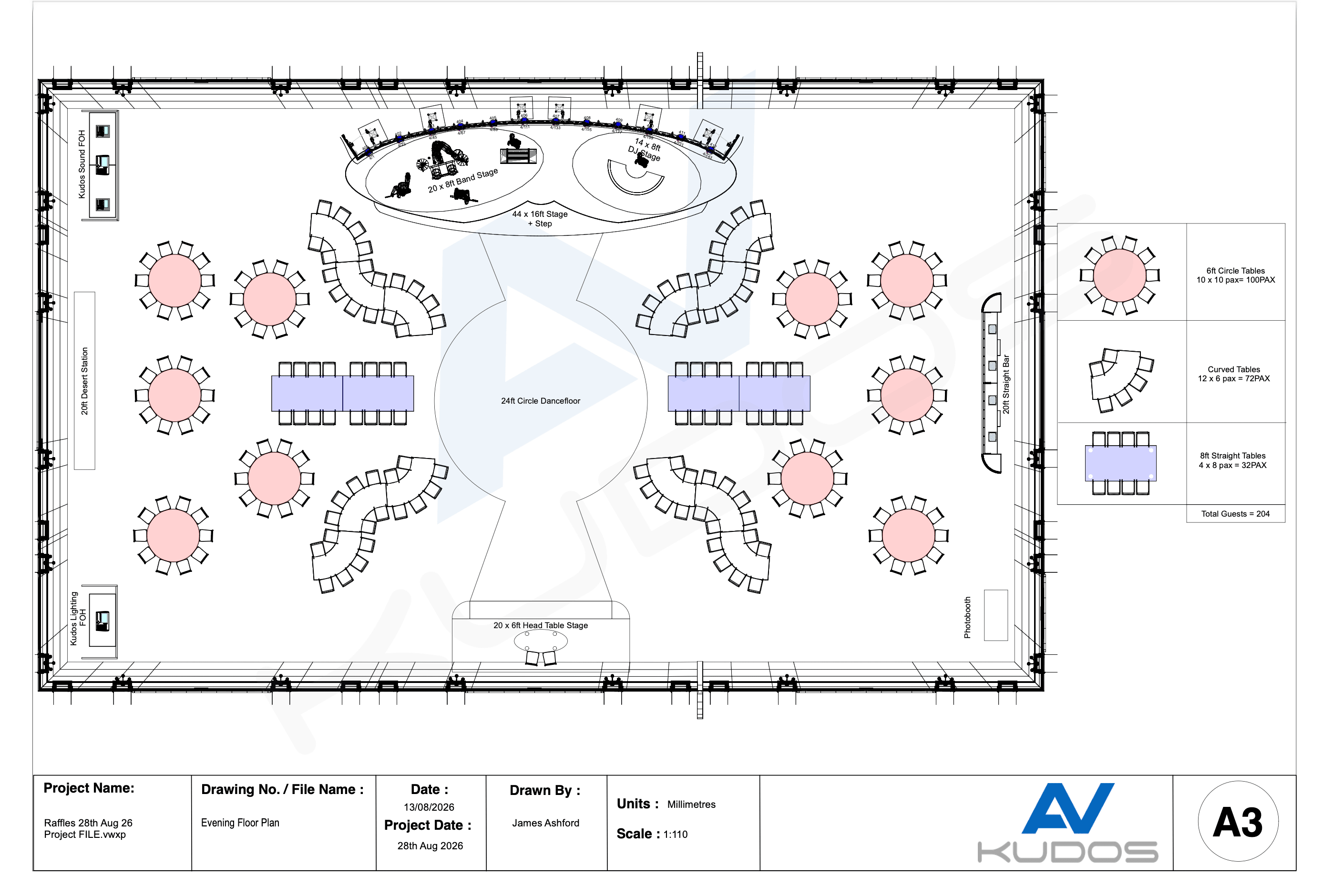 Kudos AV floor plan for the Raffles London wedding, showing the circular dancefloor, band and head table stages, bar and guest seating.