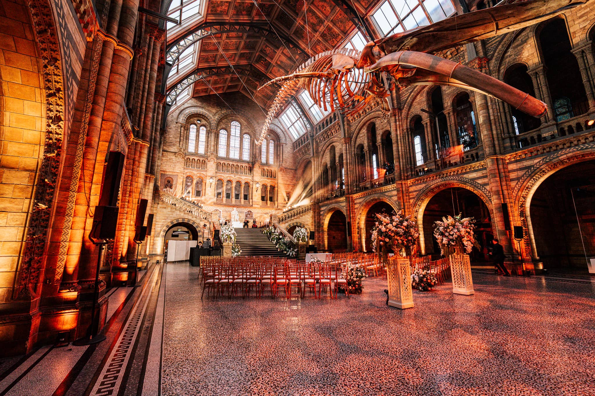 Red uplighting on the terracotta arches of Hintze Hall with Hope the blue whale over the seated layout, at a Natural History Museum wedding by Kudos AV.