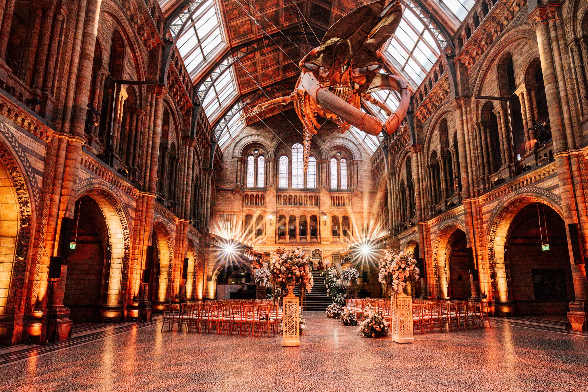 Florals and warm uplighting along the arches of Hintze Hall with Hope the blue whale overhead, a wedding at the Natural History Museum lit by Kudos AV.
