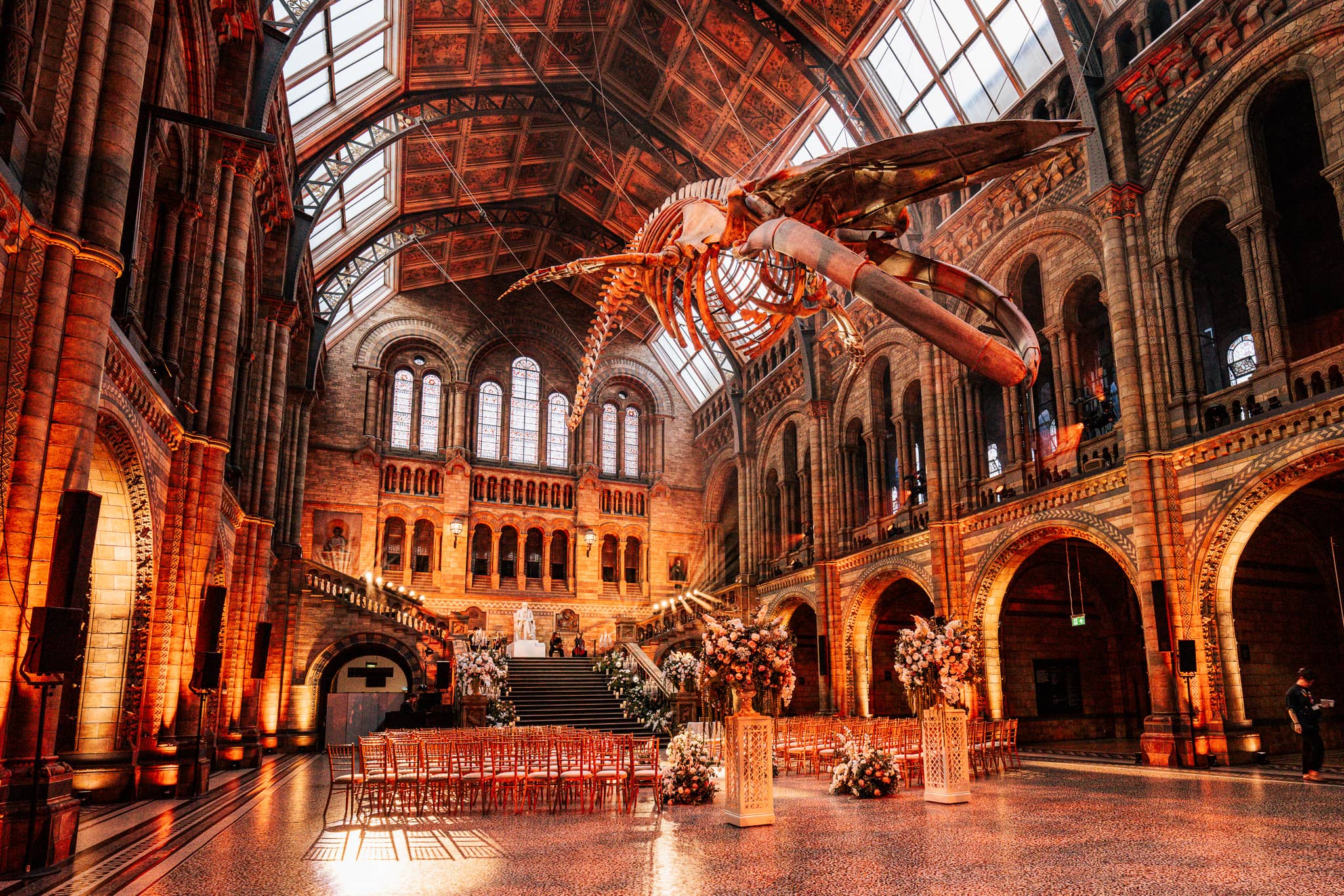 Hope the blue whale over the ceremony layout in Hintze Hall, florals and amber lighting on the arches, at a Natural History Museum wedding by Kudos AV.