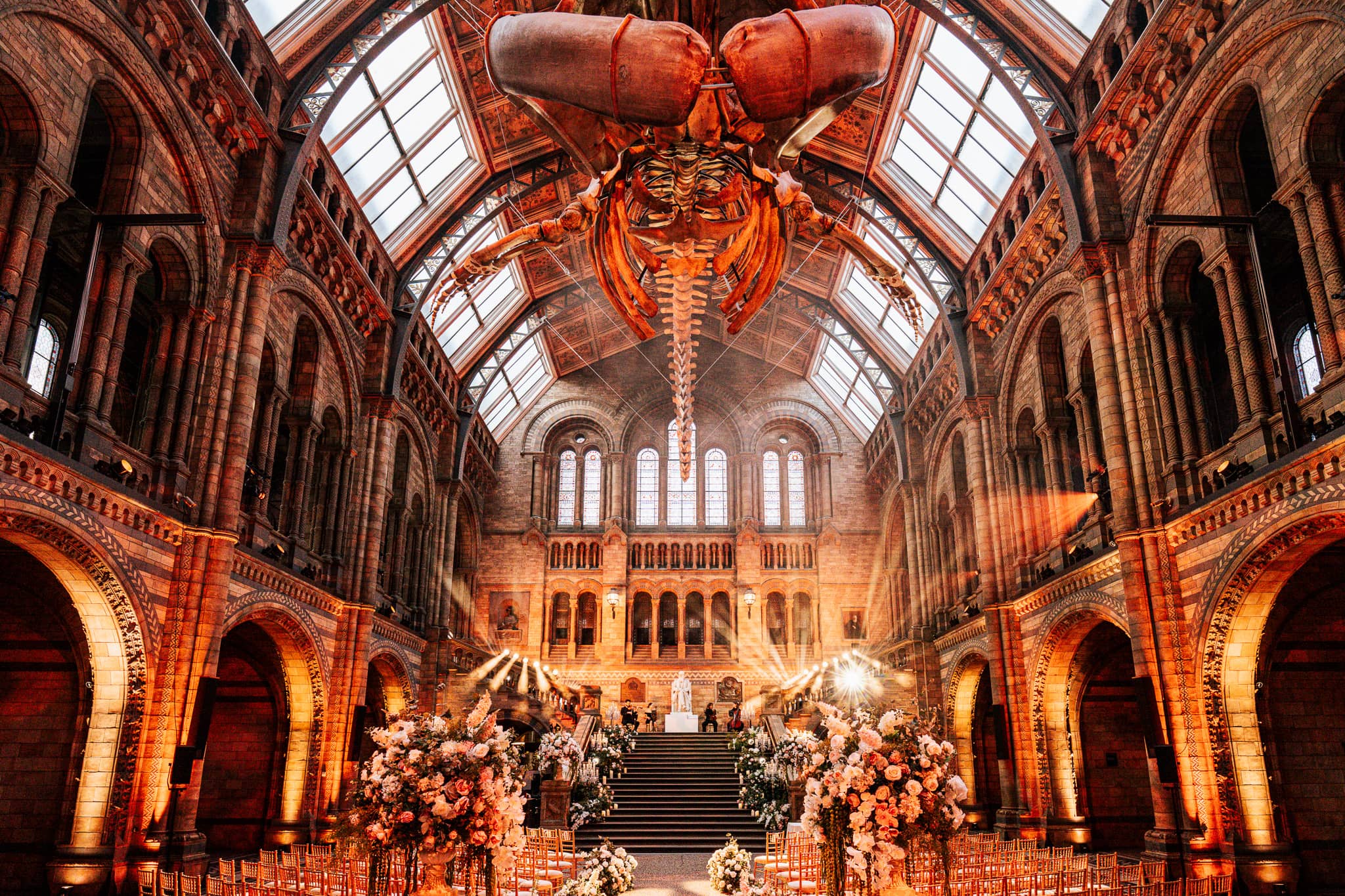 Hope the blue whale suspended beneath the vaulted ceiling of Hintze Hall, the architecture lit for a wedding at the Natural History Museum by Kudos AV.