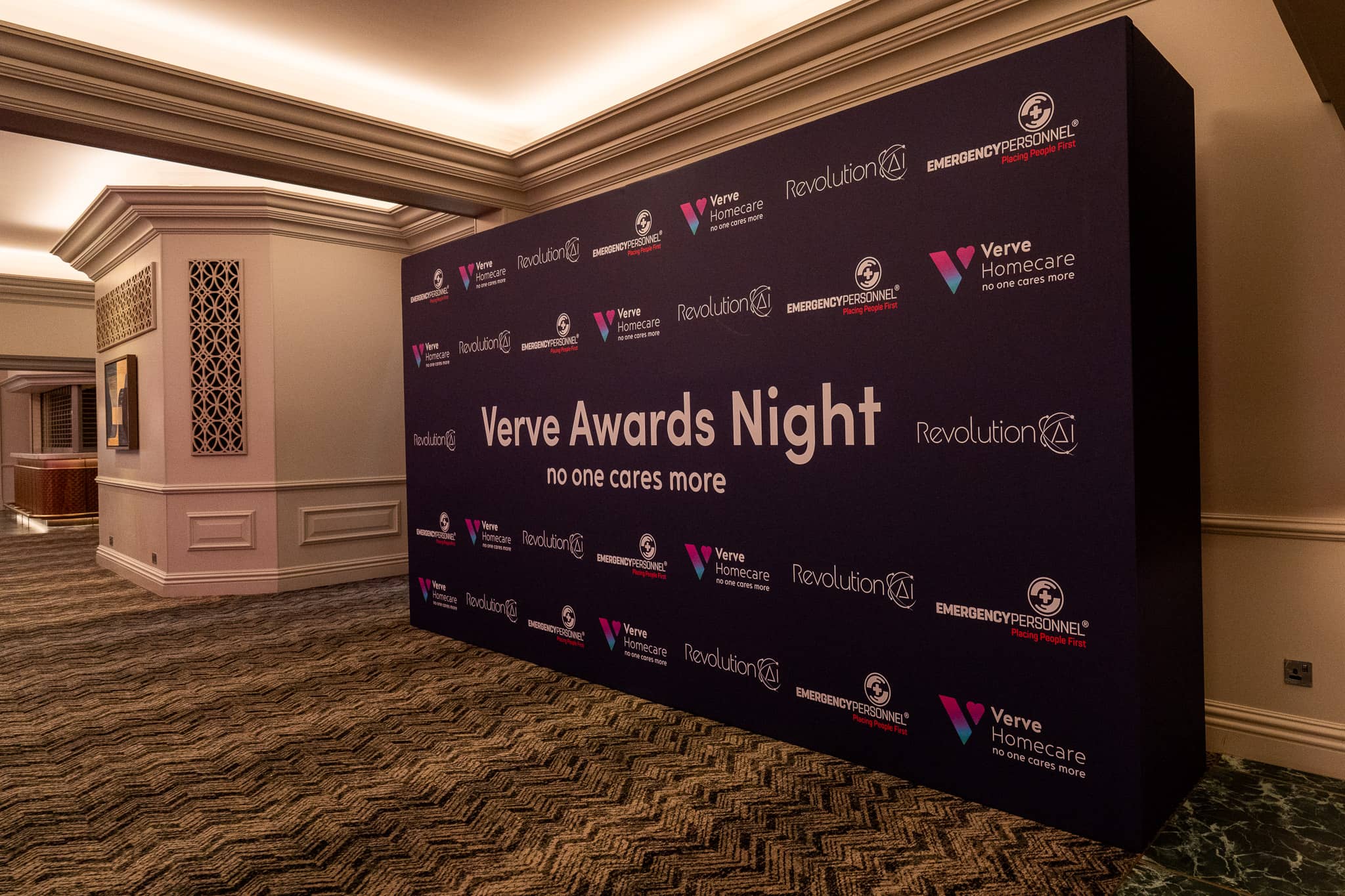 The Verve Awards Night printed backdrop from the foyer entrance at Sopwell House, with sponsor logos for Verve Homecare, Revolution AI and Emergency Personnel.