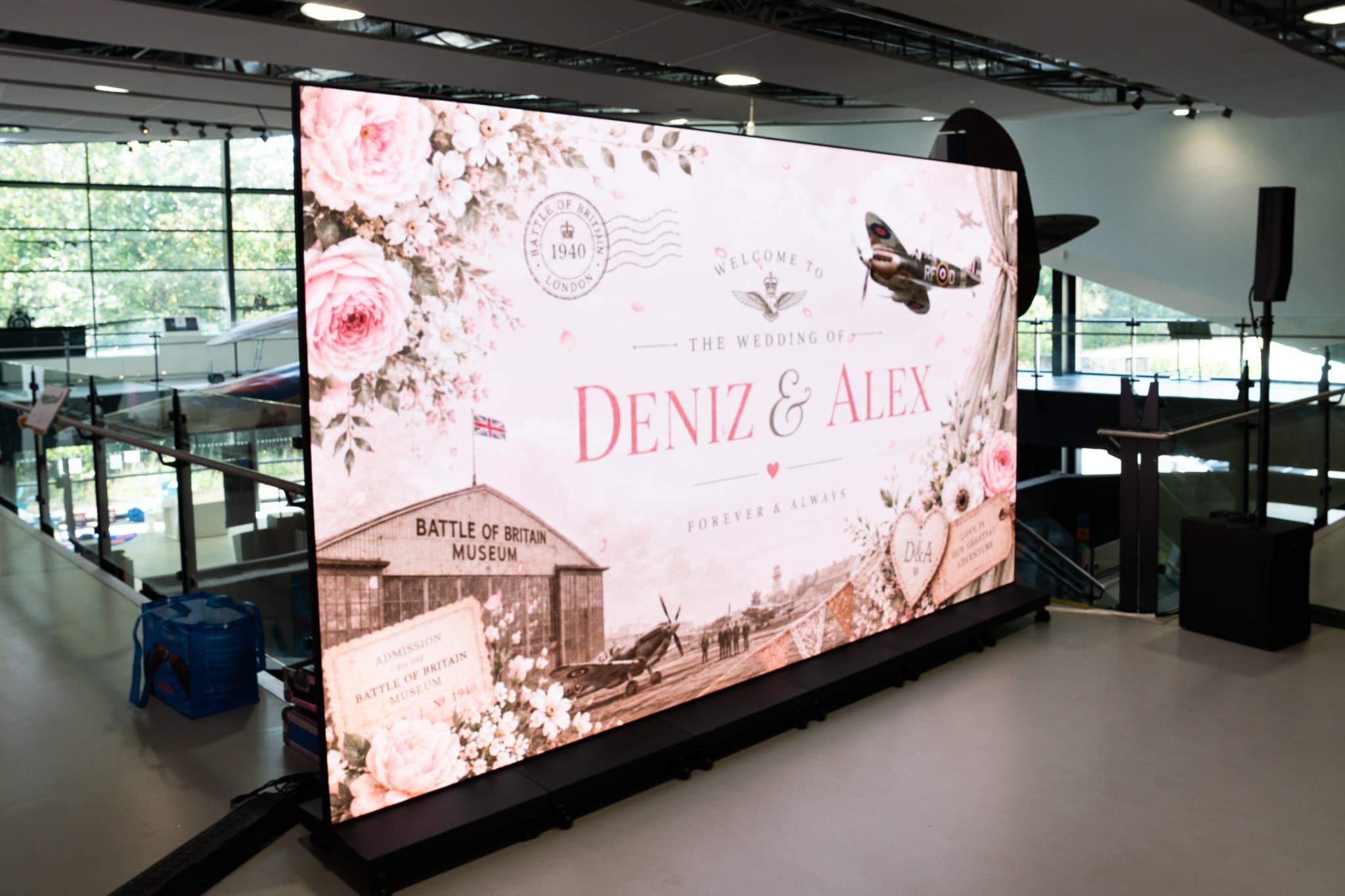 Two LED totem screens joined as a wedding welcome board at the Battle of Britain Museum, hired from Kudos AV