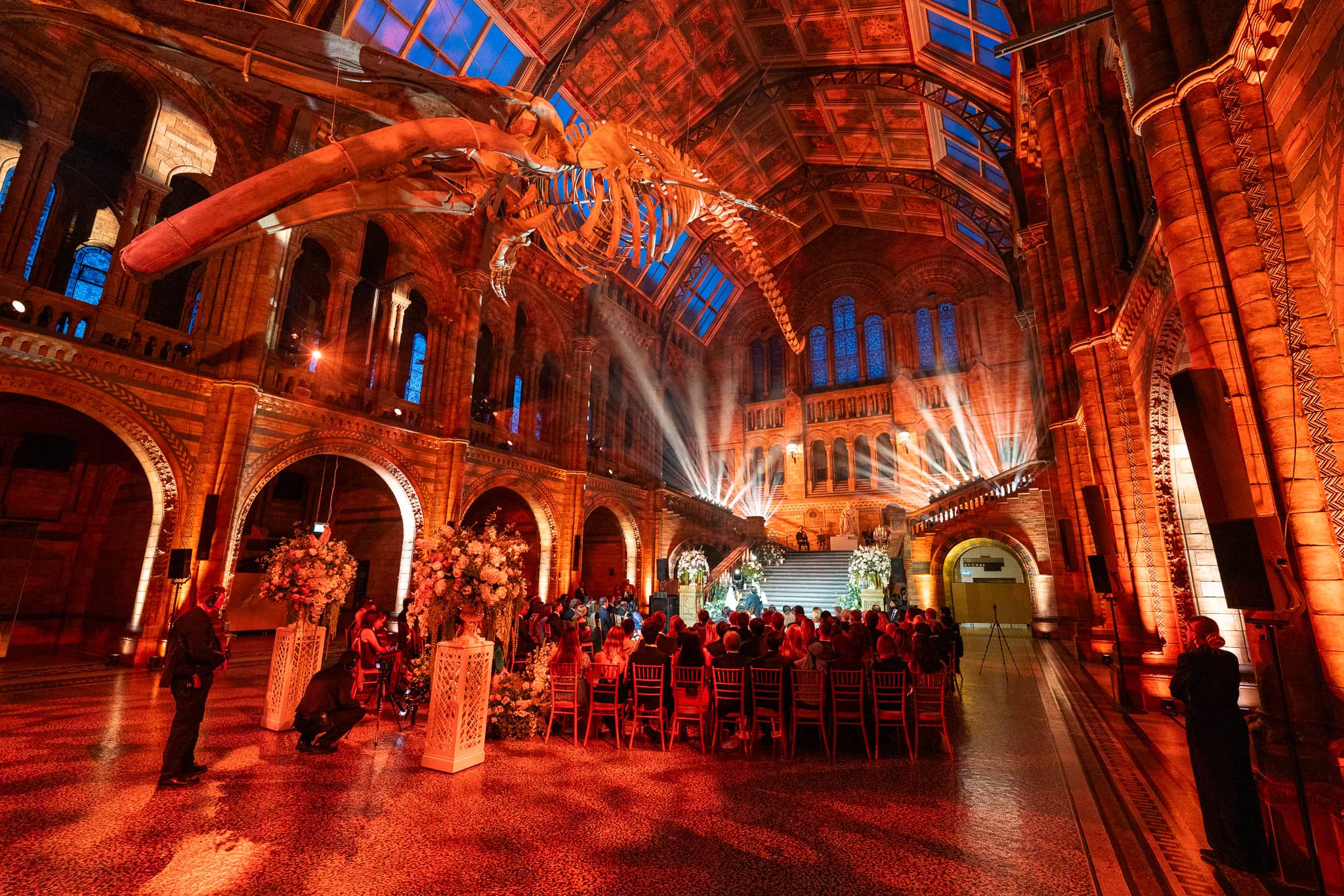 Hope the blue whale suspended above seated guests in Hintze Hall, the hall washed in red by Kudos AV for a Natural History Museum wedding.