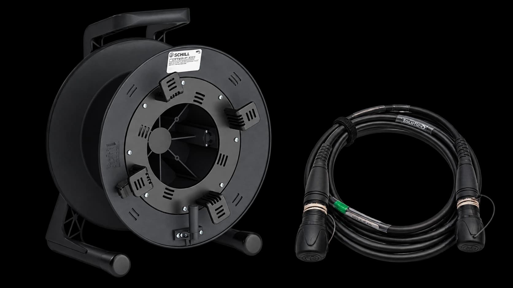 Product illustration of a Schill GT450.RM drum and Tourflex fibre cable with Neutrik opticalCON DUO connectors.