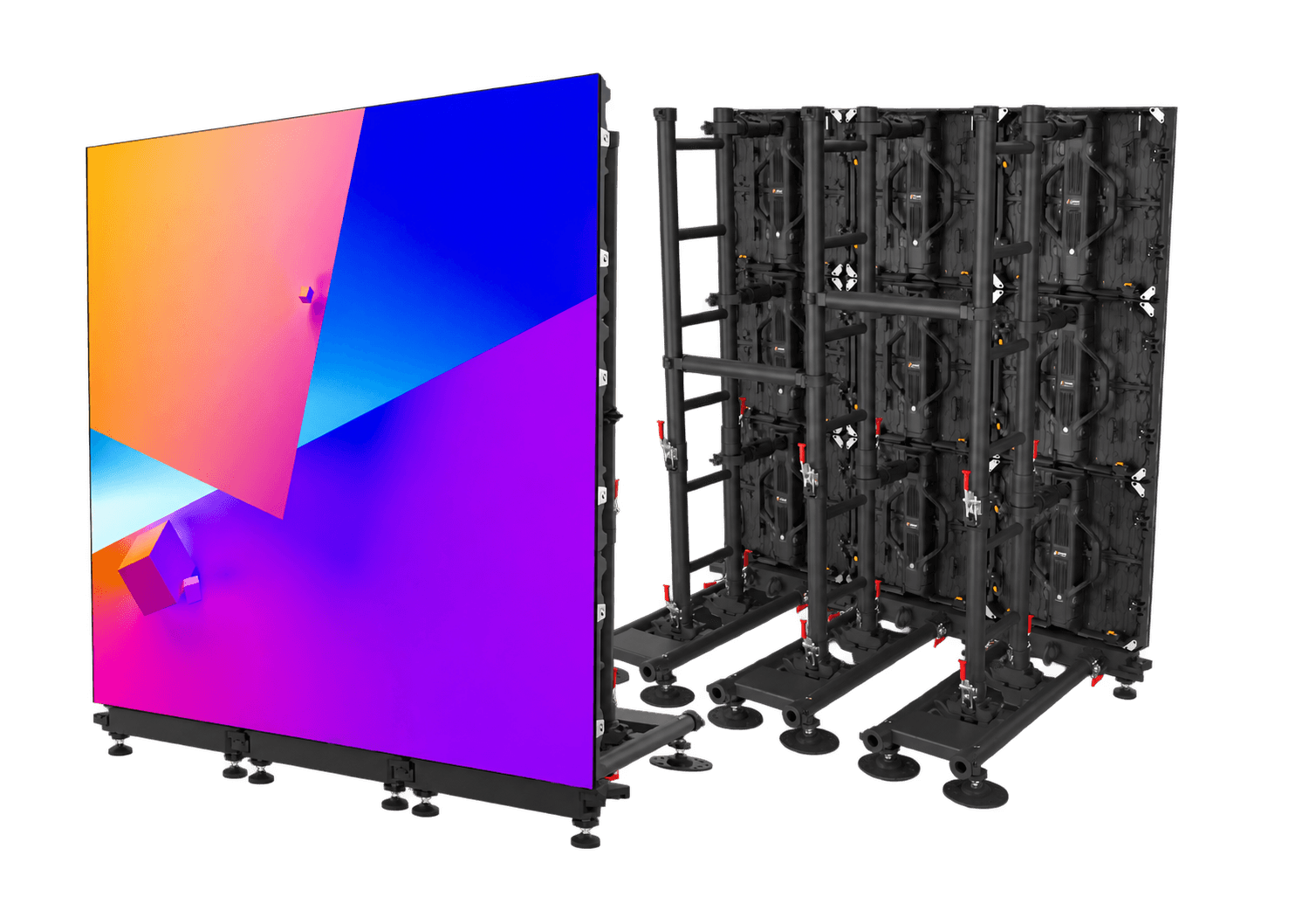 Absen Polaris ground-stack supplier illustration showing the front LED wall and rear support frame, with the background removed.