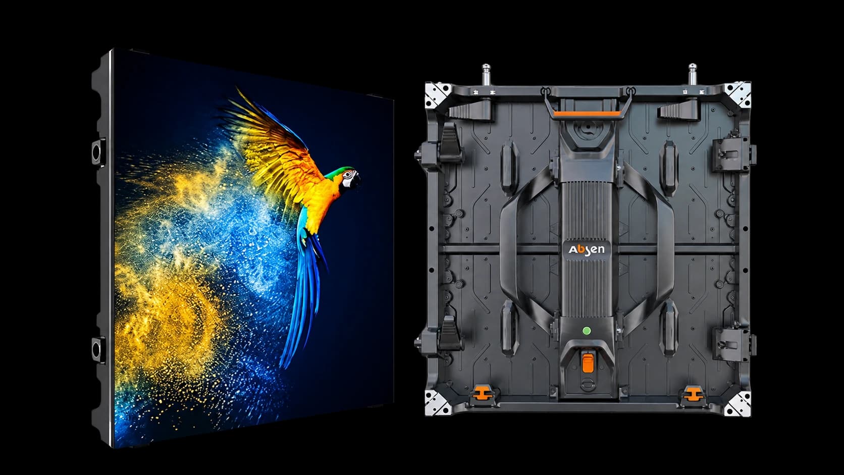 Front and rear product illustration of the Absen Polaris V2 PL3.9 500 x 500mm standard LED panel.