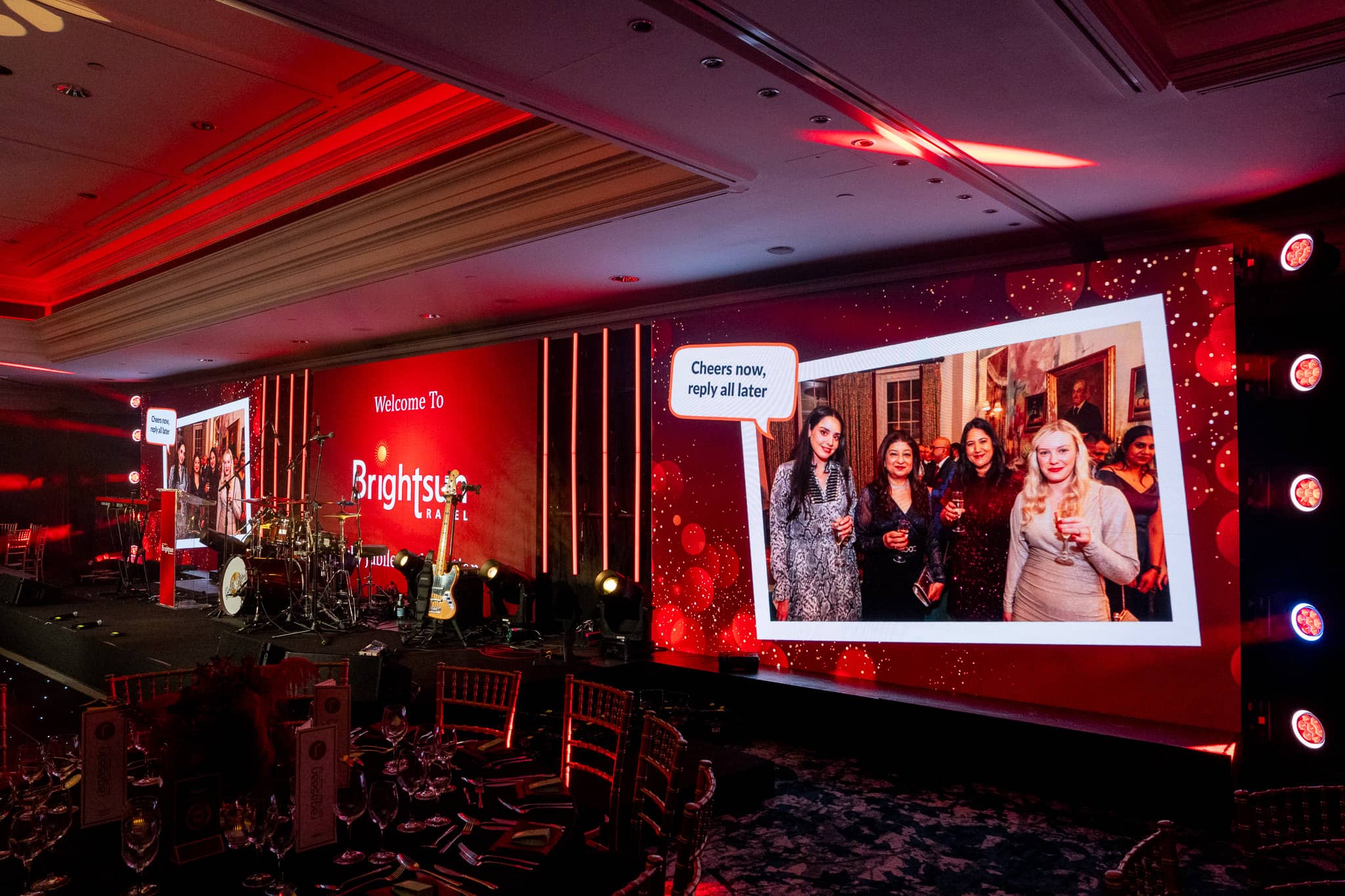 A photograph displayed on a side screen beside the anniversary stage, at Brightsun Travel’s 40th anniversary at InterContinental London Park Lane.