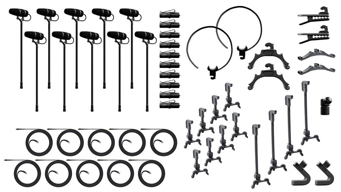 DPA 4099 CORE+ Classic Touring Kit showing ten instrument microphones, ten cables, XLR adaptors and instrument mounting clips on a white background.