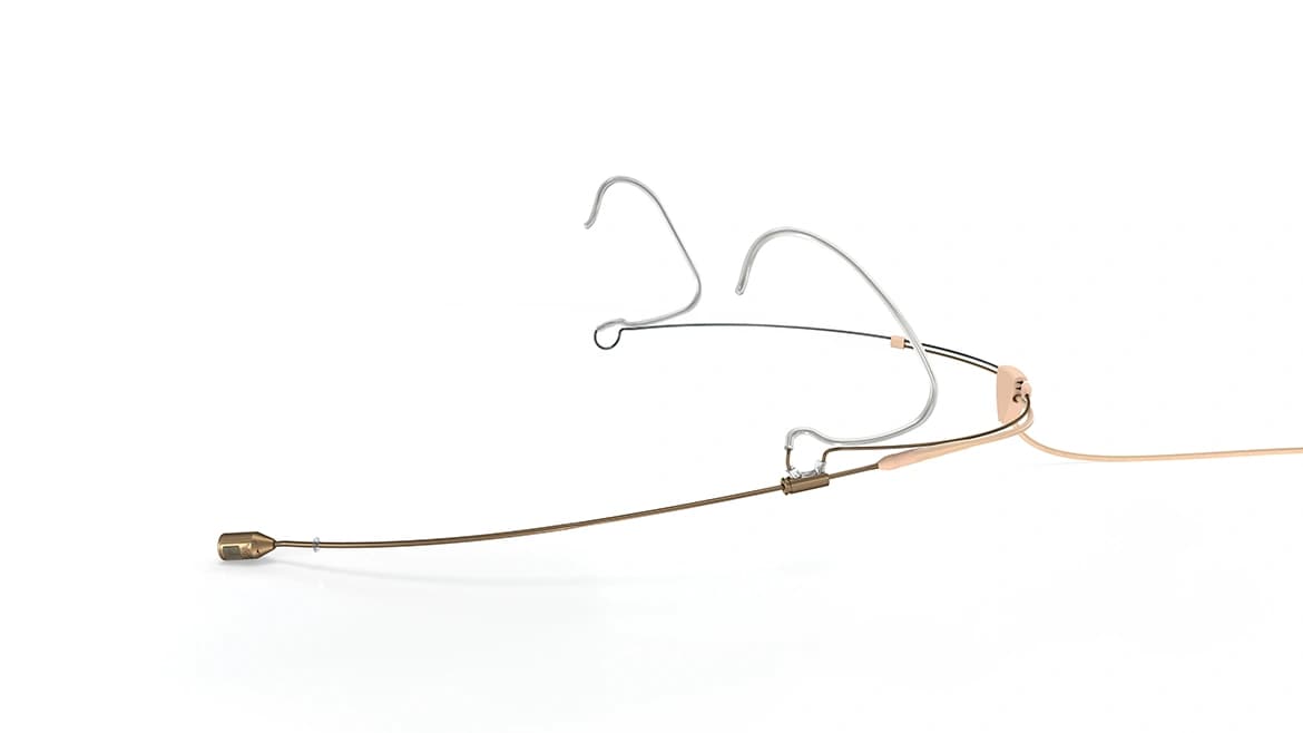 Beige DPA 4488 CORE+ headset microphone showing its dual-ear frame, adjustable boom and microphone capsule against a white background.