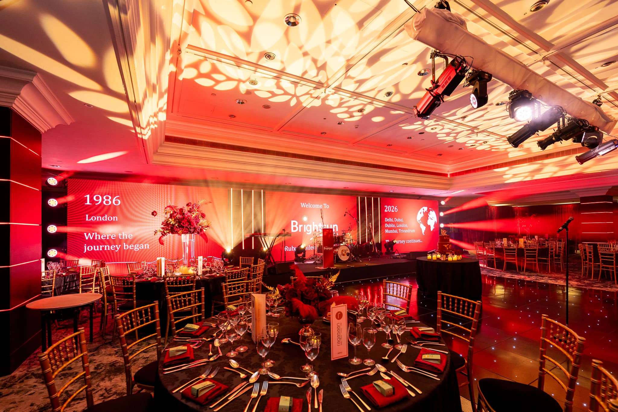 The 1986 London screen graphic beside the band stage and dinner tables, at Brightsun Travel’s 40th anniversary at InterContinental London Park Lane.