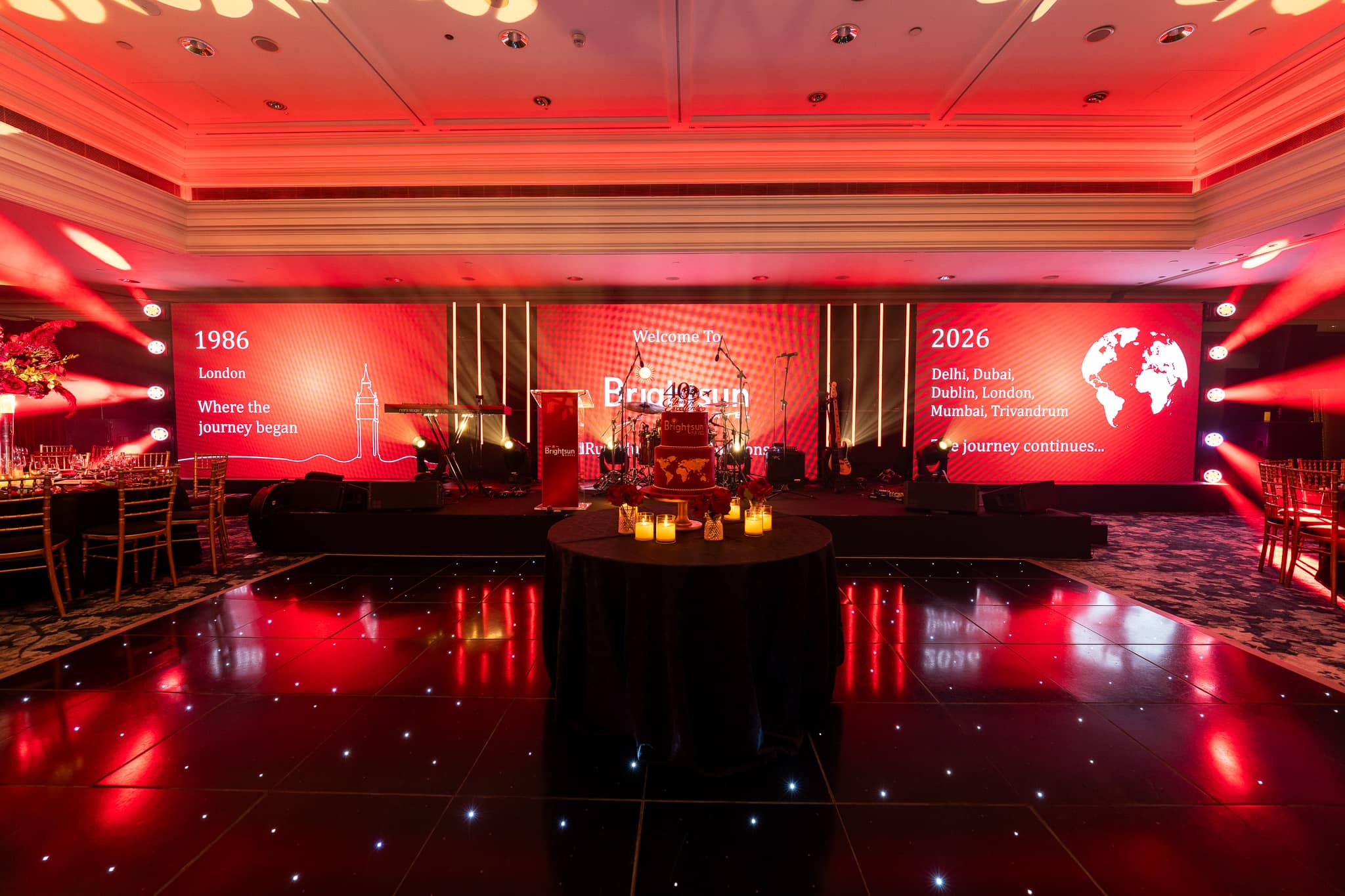 Screens showing London in 1986 and Brightsun’s 2026 locations on either side of the stage, at Brightsun Travel’s 40th anniversary at InterContinental London Park Lane.