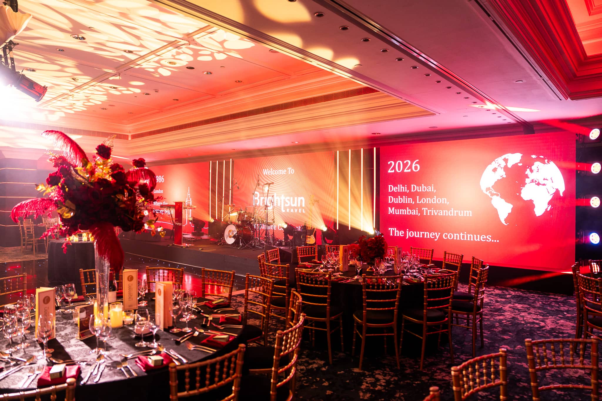 Dinner tables beneath gold light, with the 2026 locations graphic visible on screen, at Brightsun Travel’s 40th anniversary at InterContinental London Park Lane.