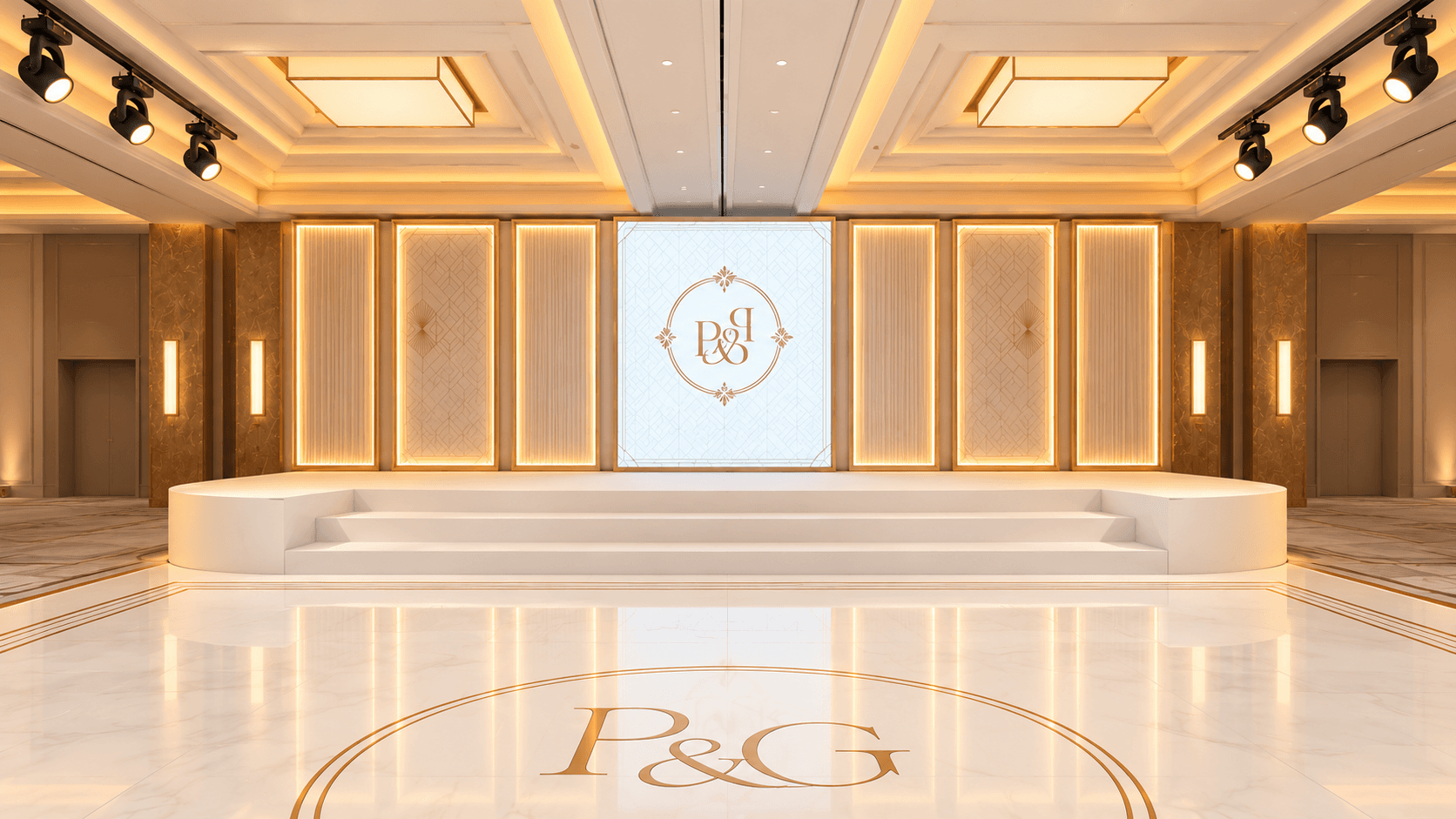 Simplified AI-generated 3D design render of the Royal Lancaster wedding stage, with six illuminated panels, central LED screen, curved white steps and a clear monogrammed dancefloor.