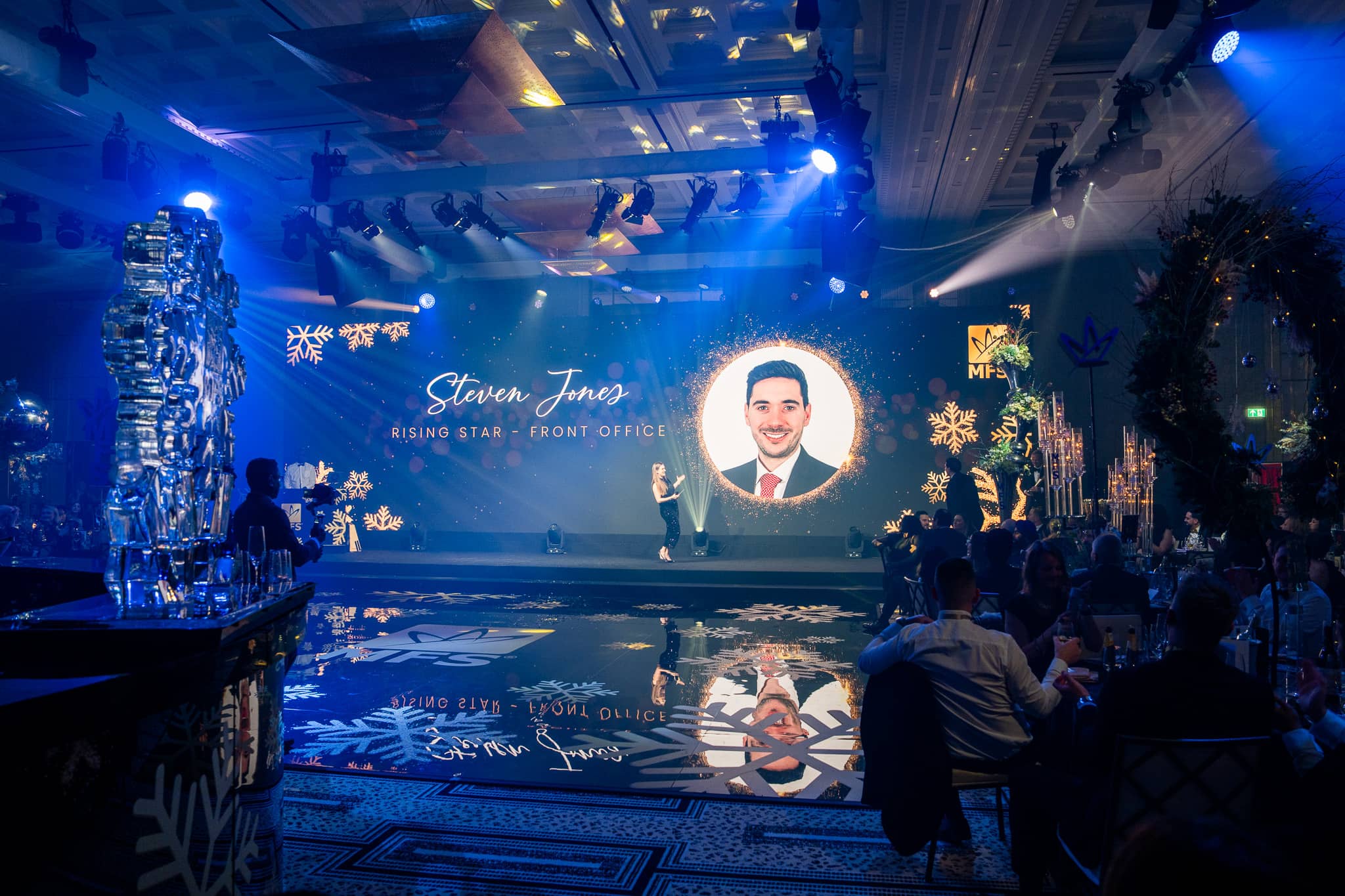 An award announcement on the MFS LED screen viewed across the ballroom and printed dancefloor