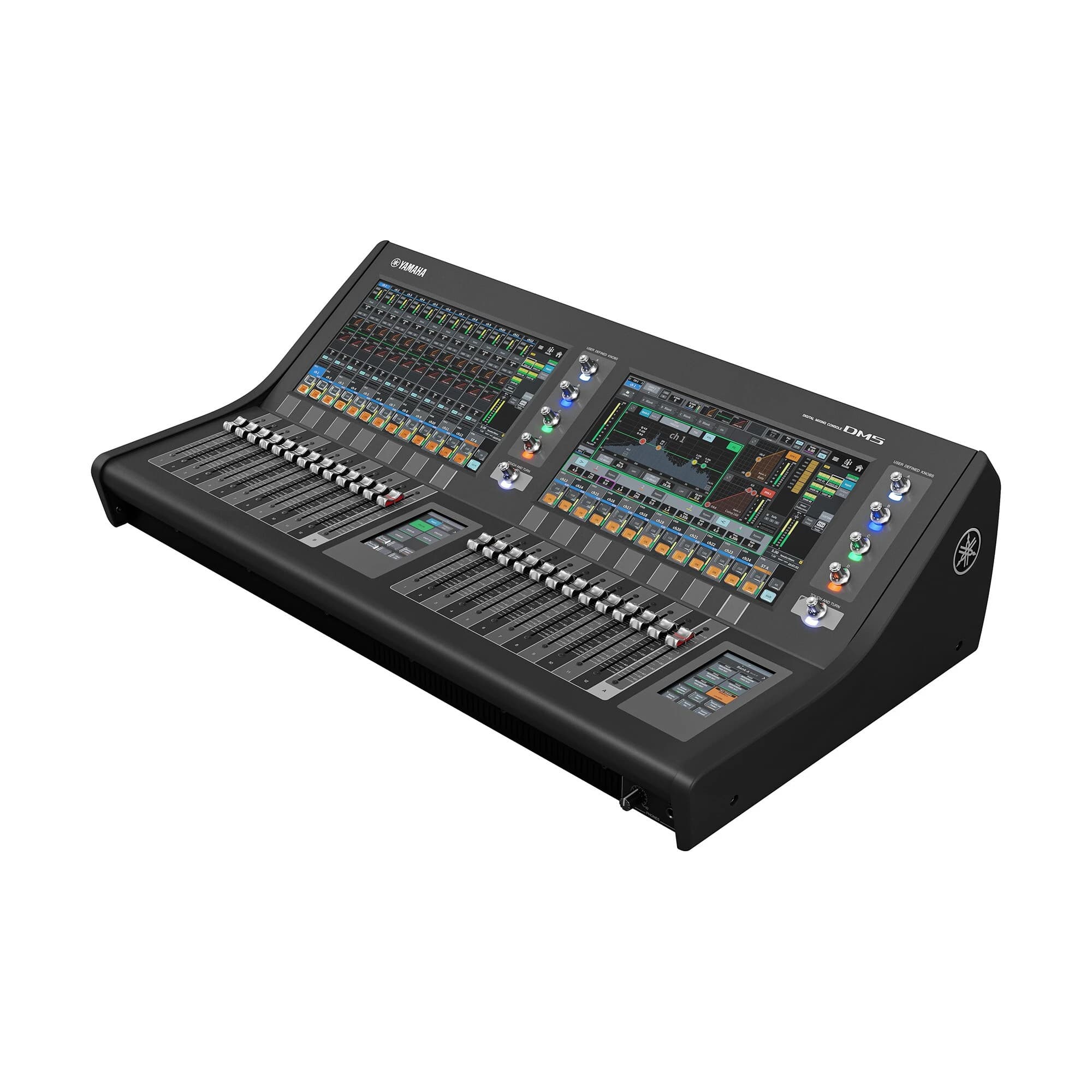 Yamaha DM5 digital mixing console in an angled front view, showing its dual screens and 26 faders.