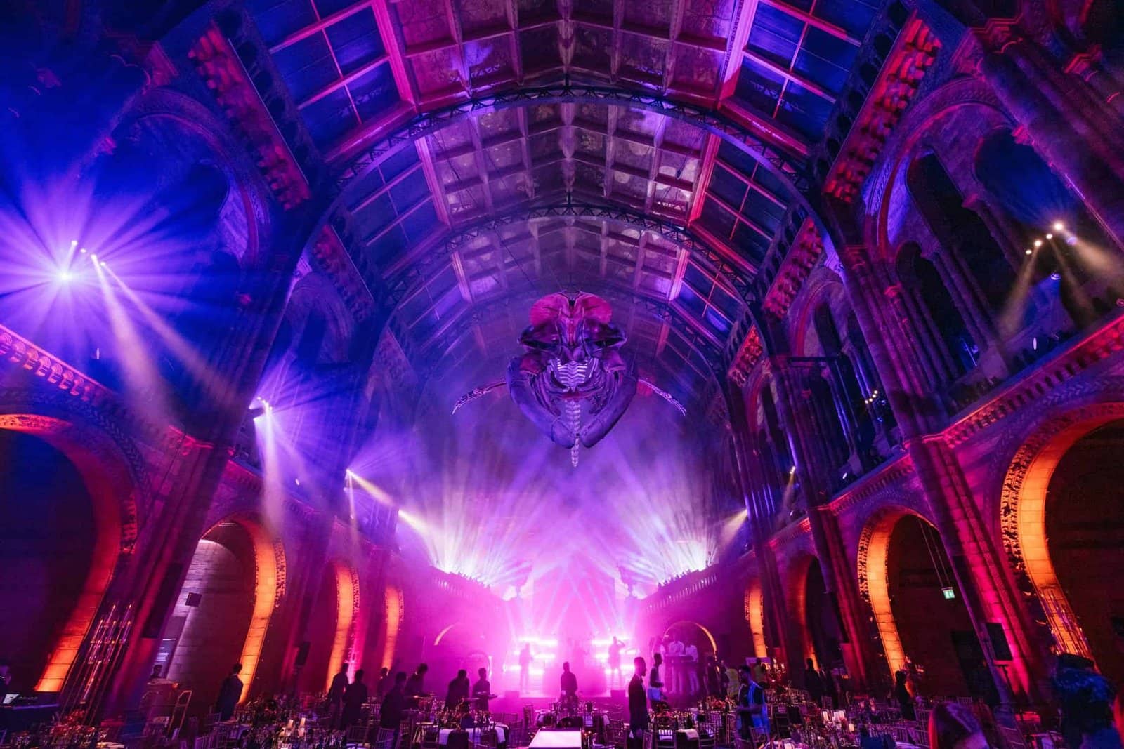 Kudos 10 at the Natural History Museum, symmetrical view of Hintze Hall in beam lighting, by Kudos AV