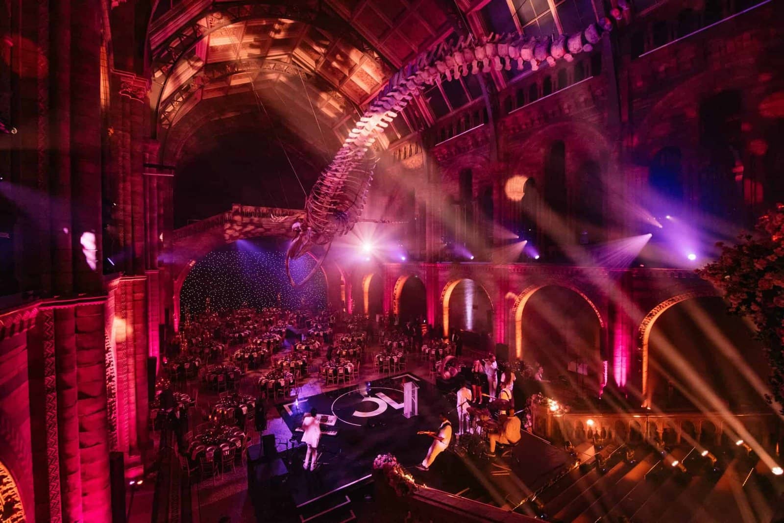 Kudos 10 at the Natural History Museum, the whale skeleton and arches lit in red and pink above the stage, by Kudos AV