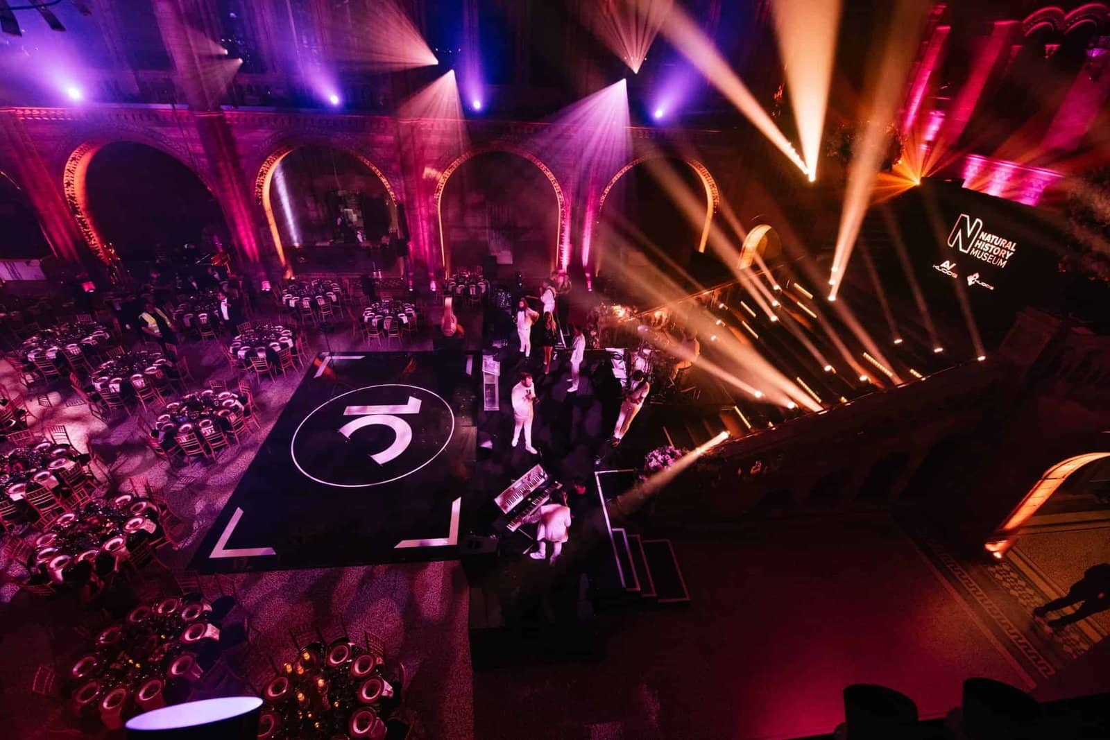 Kudos 10 at the Natural History Museum, the stage and lighting rig during a performance, by Kudos AV