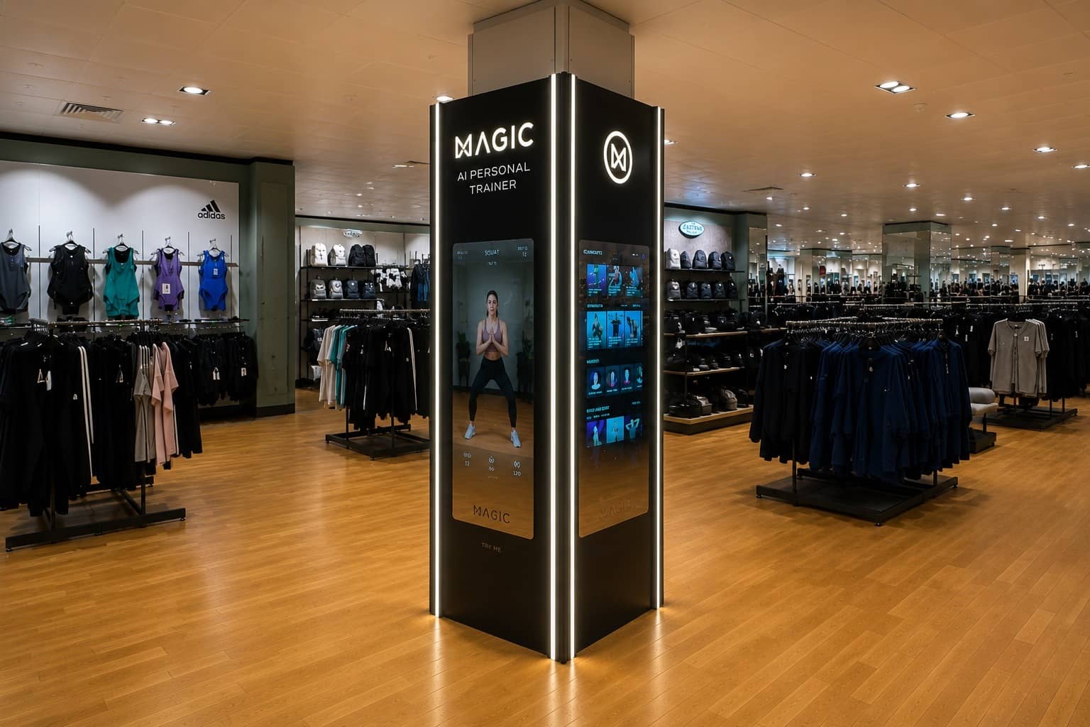 MAGIC AI mirror kiosk finished, side view with LED edge lighting and branded print