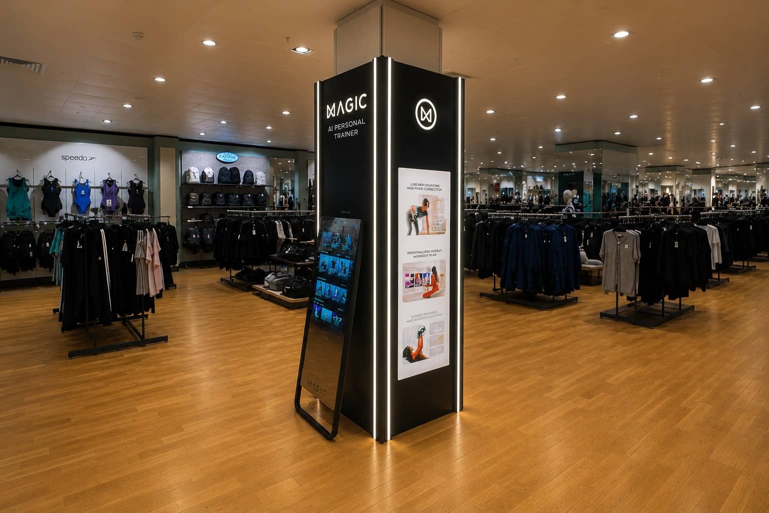 MAGIC AI Personal Trainer kiosk, front view, completed installation at John Lewis