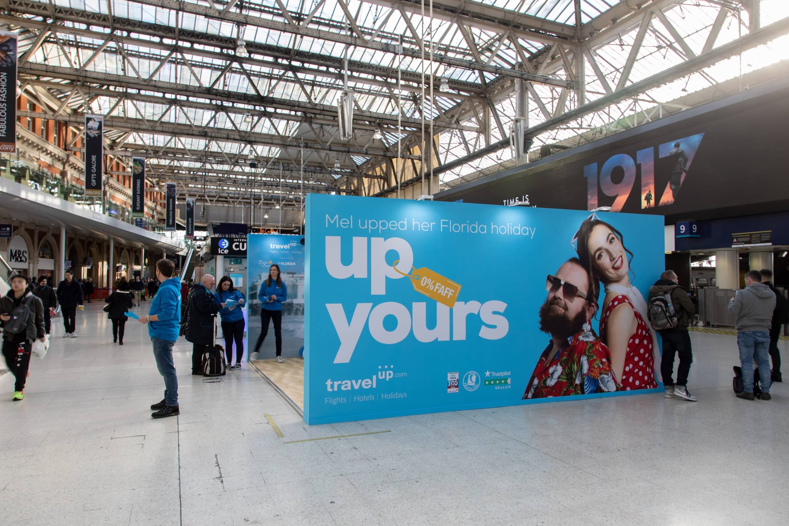 Large format printed graphics for the Travel Up beach pop-up at London Waterloo, produced by Kudos AV