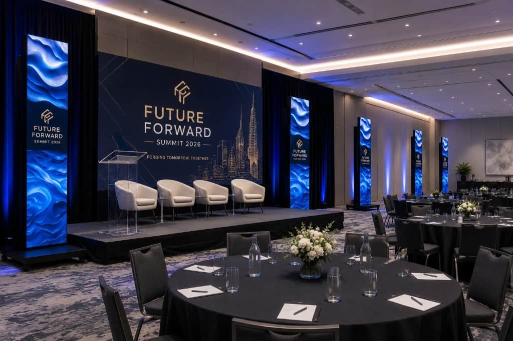 Corporate conference ballroom with LANG Foldster modular LED totem displays flanking the stage, available for hire from Kudos AV London
