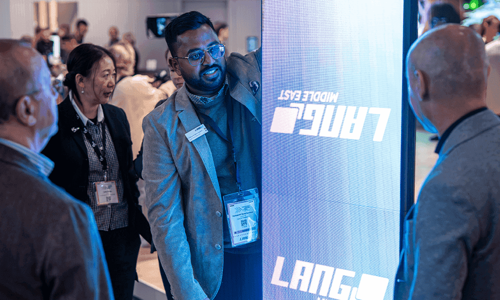LANG Foldster folded dual-sided LED totem for welcome and agenda signage hire