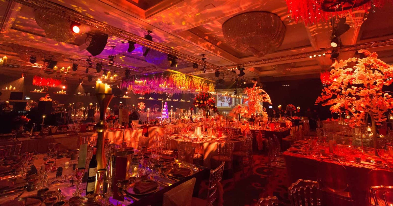 Wedding at the London Hilton on Park Lane, the reception room with projection backdrops, by Kudos AV