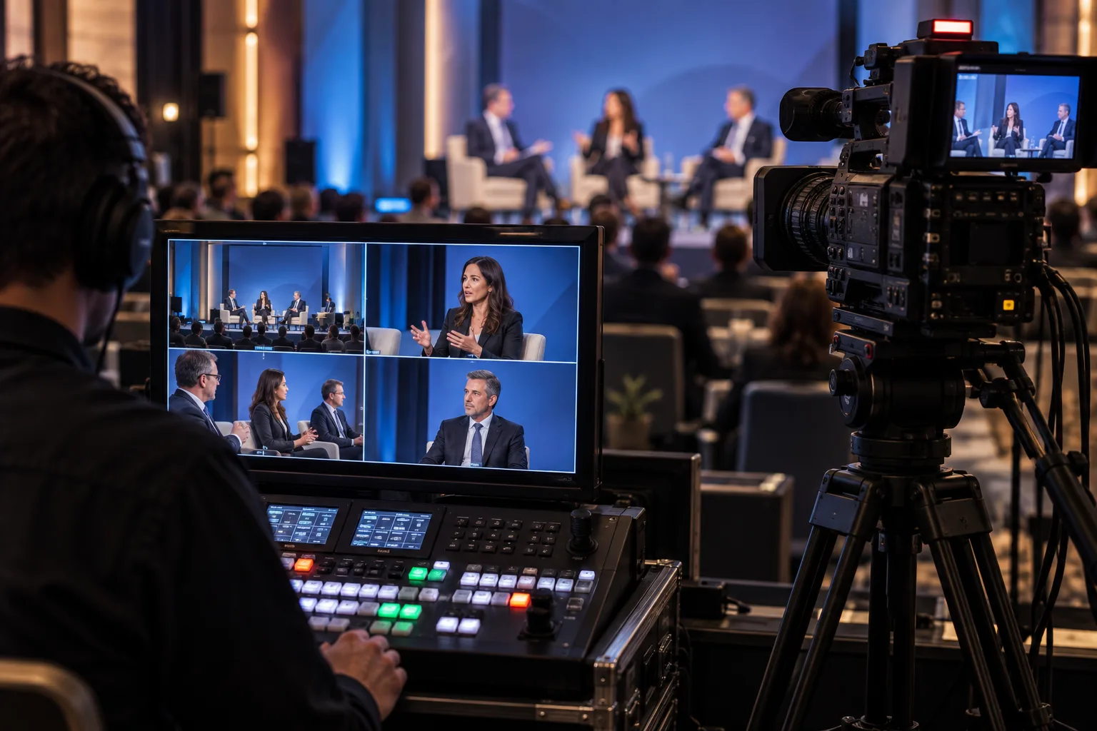 Illustrative live-streaming setup with a broadcast camera, multiview monitor and vision mixer
