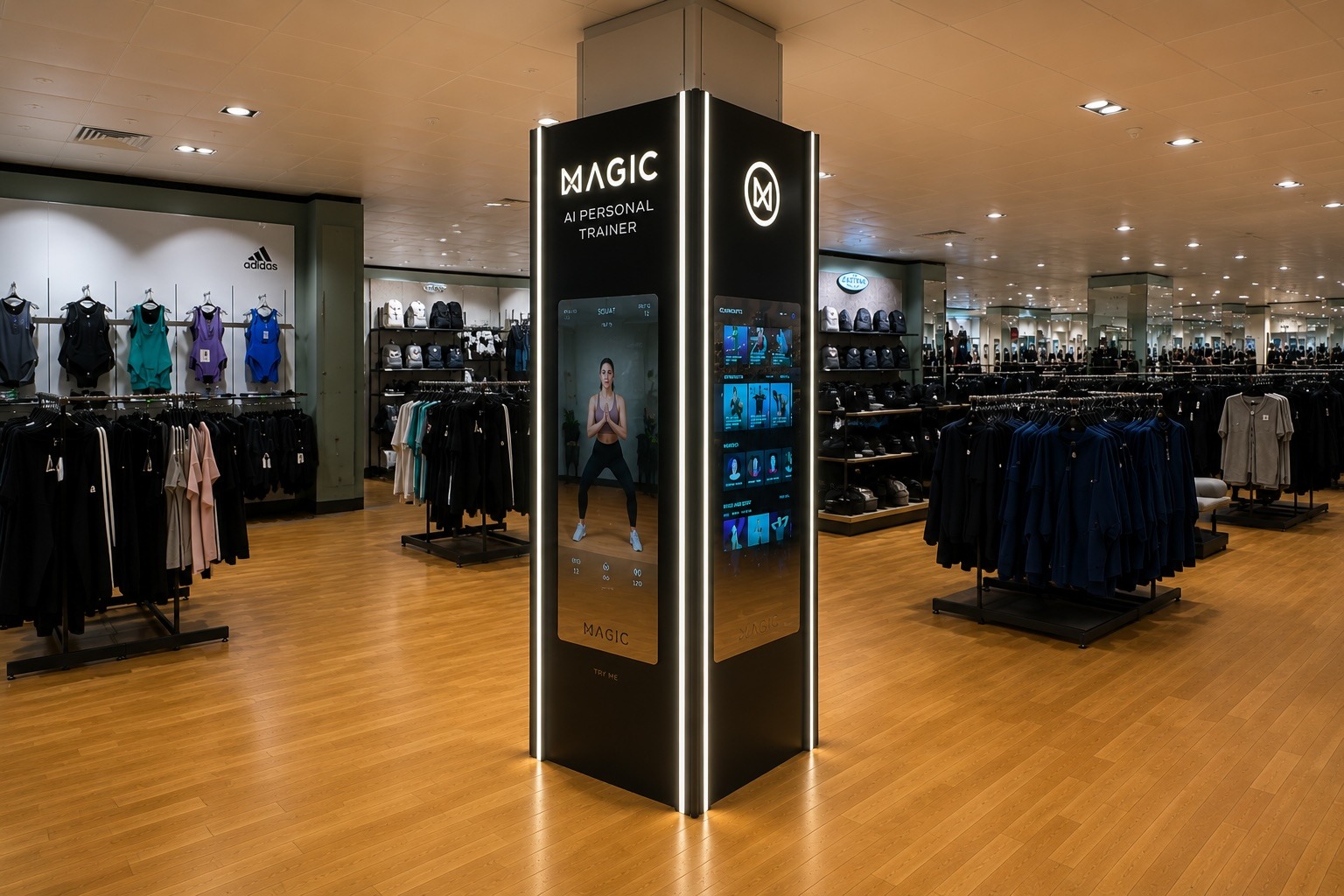 MAGIC AI mirror kiosk finished, side view with LED edge lighting and branded print