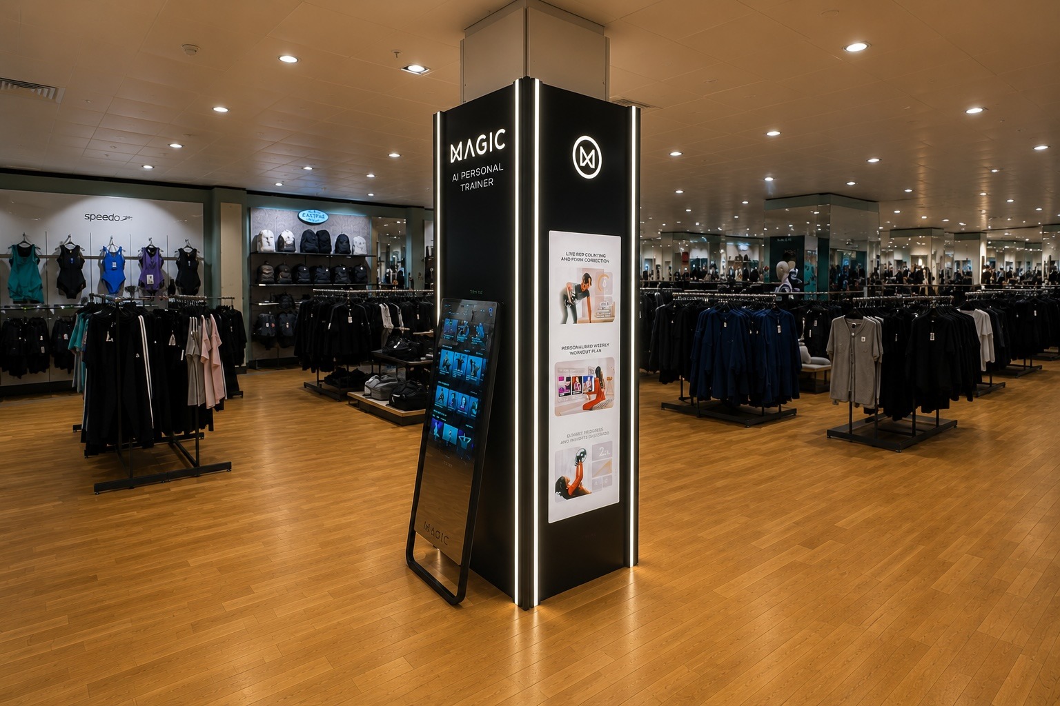MAGIC AI Personal Trainer kiosk, front view — completed installation at John Lewis